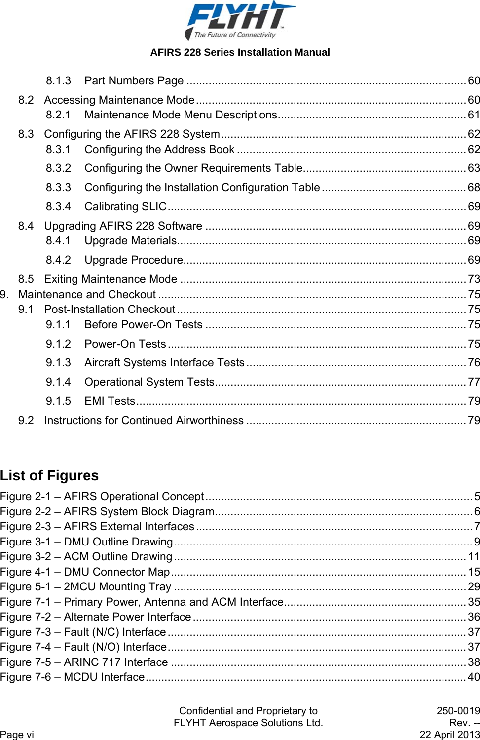  AFIRS 228 Series Installation Manual   Confidential and Proprietary to  250-0019   FLYHT Aerospace Solutions Ltd.  Rev. -- Page vi    22 April 2013 8.1.3Part Numbers Page ......................................................................................... 608.2Accessing Maintenance Mode ...................................................................................... 608.2.1Maintenance Mode Menu Descriptions ............................................................ 618.3Configuring the AFIRS 228 System .............................................................................. 628.3.1Configuring the Address Book ......................................................................... 628.3.2Configuring the Owner Requirements Table .................................................... 638.3.3Configuring the Installation Configuration Table .............................................. 688.3.4Calibrating SLIC ............................................................................................... 698.4Upgrading AFIRS 228 Software ................................................................................... 698.4.1Upgrade Materials ............................................................................................ 698.4.2Upgrade Procedure .......................................................................................... 698.5Exiting Maintenance Mode ........................................................................................... 739.Maintenance and Checkout .................................................................................................. 759.1Post-Installation Checkout ............................................................................................ 759.1.1Before Power-On Tests ................................................................................... 759.1.2Power-On  Tests ............................................................................................... 759.1.3Aircraft Systems Interface Tests ...................................................................... 769.1.4Operational System Tests ................................................................................ 779.1.5EMI Tests ......................................................................................................... 799.2Instructions for Continued Airworthiness ...................................................................... 79  List of Figures Figure 2-1 – AFIRS Operational Concept ..................................................................................... 5Figure 2-2 – AFIRS System Block Diagram .................................................................................. 6Figure 2-3 – AFIRS External Interfaces ........................................................................................ 7 Figure 3-1 – DMU Outline Drawing ............................................................................................... 9Figure 3-2 – ACM Outline Drawing ............................................................................................. 11Figure 4-1 – DMU Connector Map .............................................................................................. 15Figure 5-1 – 2MCU Mounting Tray ............................................................................................. 29Figure 7-1 – Primary Power, Antenna and ACM Interface .......................................................... 35Figure 7-2 – Alternate Power Interface ....................................................................................... 36Figure 7-3 – Fault (N/C) Interface ............................................................................................... 37Figure 7-4 – Fault (N/O) Interface ............................................................................................... 37Figure 7-5 – ARINC 717 Interface .............................................................................................. 38Figure 7-6 – MCDU Interface ...................................................................................................... 40