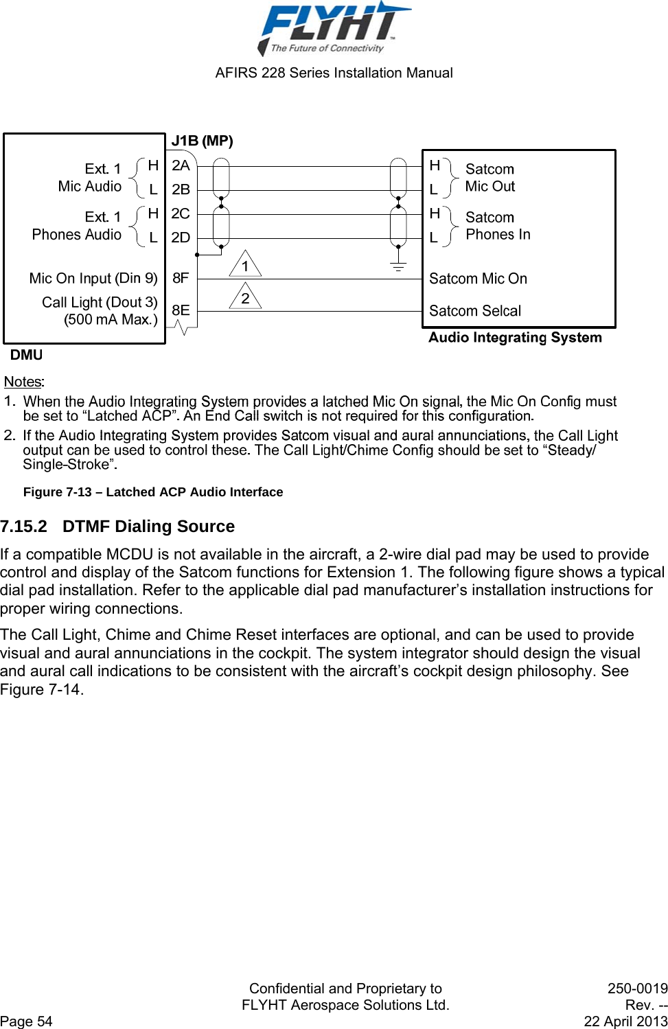  AFIRS 228 Series Installation Manual   Confidential and Proprietary to  250-0019   FLYHT Aerospace Solutions Ltd.  Rev. -- Page 54    22 April 2013   Figure 7-13 – Latched ACP Audio Interface 7.15.2  DTMF Dialing Source If a compatible MCDU is not available in the aircraft, a 2-wire dial pad may be used to provide control and display of the Satcom functions for Extension 1. The following figure shows a typical dial pad installation. Refer to the applicable dial pad manufacturer’s installation instructions for proper wiring connections. The Call Light, Chime and Chime Reset interfaces are optional, and can be used to provide visual and aural annunciations in the cockpit. The system integrator should design the visual and aural call indications to be consistent with the aircraft’s cockpit design philosophy. See Figure 7-14. 