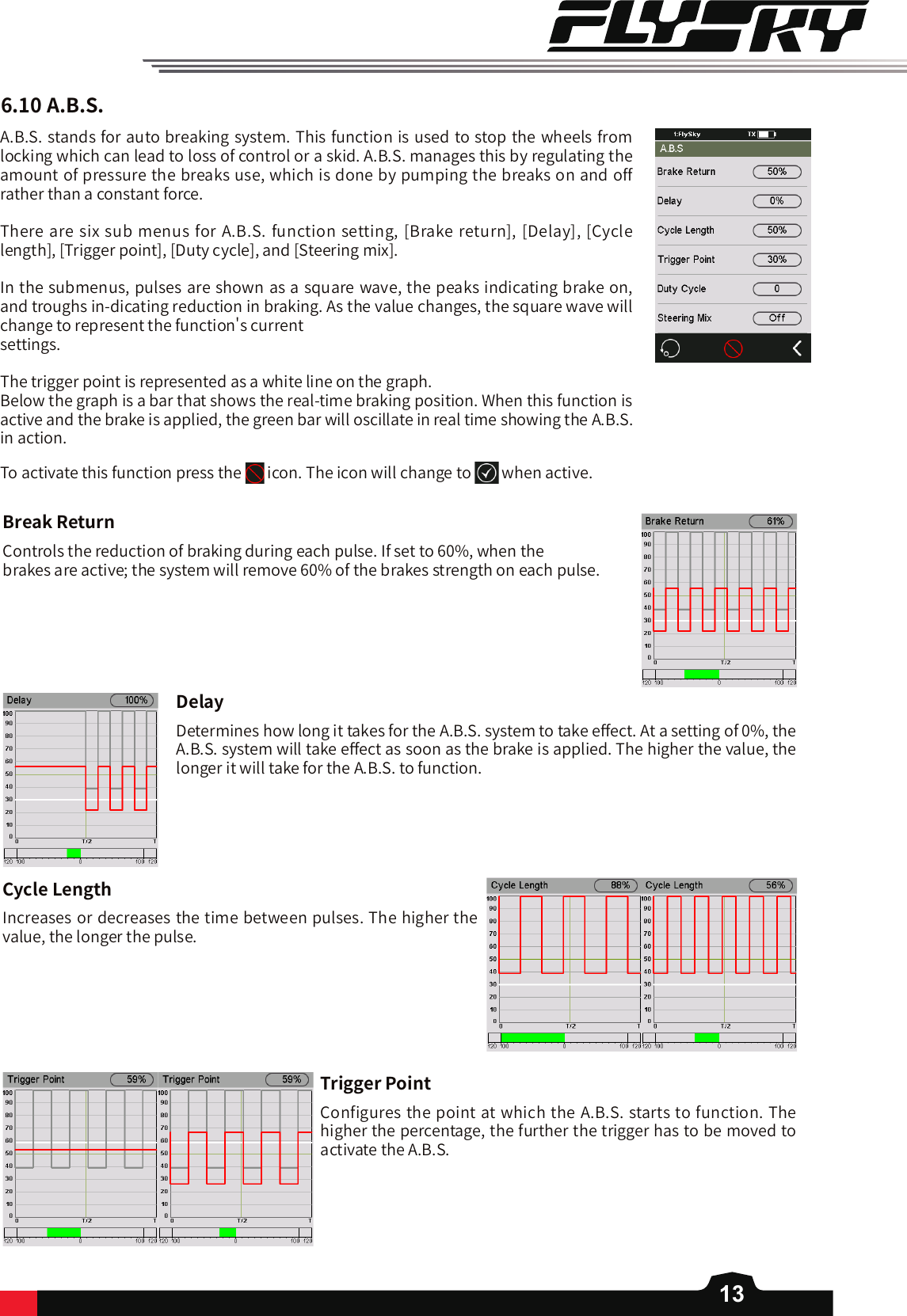 136.10A.B.S.A.B.S. stands for auto breaking system. This function is used to stop the wheels from locking which can lead to loss of control or a skid. A.B.S. manages this by regulating the amount of pressure the breaks use, which is done by pumping the breaks on and off rather than a constant force. There are six sub menus for A.B.S. function setting, [Brake return], [Delay], [Cycle length], [Trigger point], [Duty cycle], and [Steering mix].In the submenus, pulses are shown as a square wave, the peaks indicating brake on, and troughs in-dicating reduction in braking. As the value changes, the square wave will change to represent the function&apos;s current settings. The trigger point is represented as a white line on the graph.Below the graph is a bar that shows the real-time braking position. When this function is active and the brake is applied, the green bar will oscillate in real time showing the A.B.S. in action.BreakReturnControls the reduction of braking during each pulse. If set to 60%, when the brakes are active; the system will remove 60% of the brakes strength on each pulse.DelayDetermines how long it takes for the A.B.S. system to take e󼴨ect. At a setting of 0%, the A.B.S. system will take e󼴨ect as soon as the brake is applied. The higher the value, the longer it will take for the A.B.S. to function.CycleLengthIncreases or decreases the time between pulses. The higher the value, the longer the pulse. TriggerPointConfigures the point at which the A.B.S. starts to function. The higher the percentage, the further the trigger has to be moved to activate the A.B.S.To activate this function press the   icon. The icon will change to   when active.