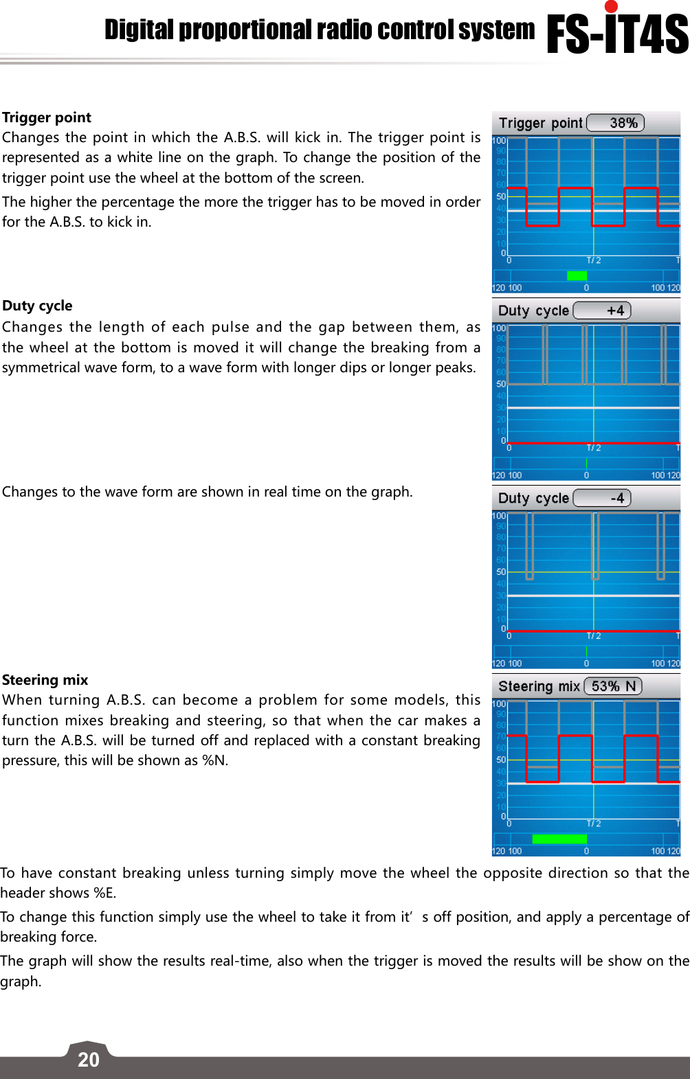 20FS-lT4SDigital proportional radio control systemTrigger pointChanges the point in which the A.B.S. will kick in. The trigger point is represented as a white line on the graph. To change the position of the trigger point use the wheel at the bottom of the screen. The higher the percentage the more the trigger has to be moved in order for the A.B.S. to kick in.Duty cycleChanges the length of each pulse and the gap between them, as the wheel at the bottom is moved it will change the breaking from a symmetrical wave form, to a wave form with longer dips or longer peaks. Changes to the wave form are shown in real time on the graph. Steering mixWhen turning A.B.S. can become a problem for some models, this function mixes breaking and steering, so that when the car makes a turn the A.B.S. will be turned off and replaced with a constant breaking pressure, this will be shown as %N. To have constant breaking unless turning simply move the wheel the opposite direction so that the header shows %E.   To change this function simply use the wheel to take it from it’s off position, and apply a percentage of breaking force.   The graph will show the results real-time, also when the trigger is moved the results will be show on the graph.  