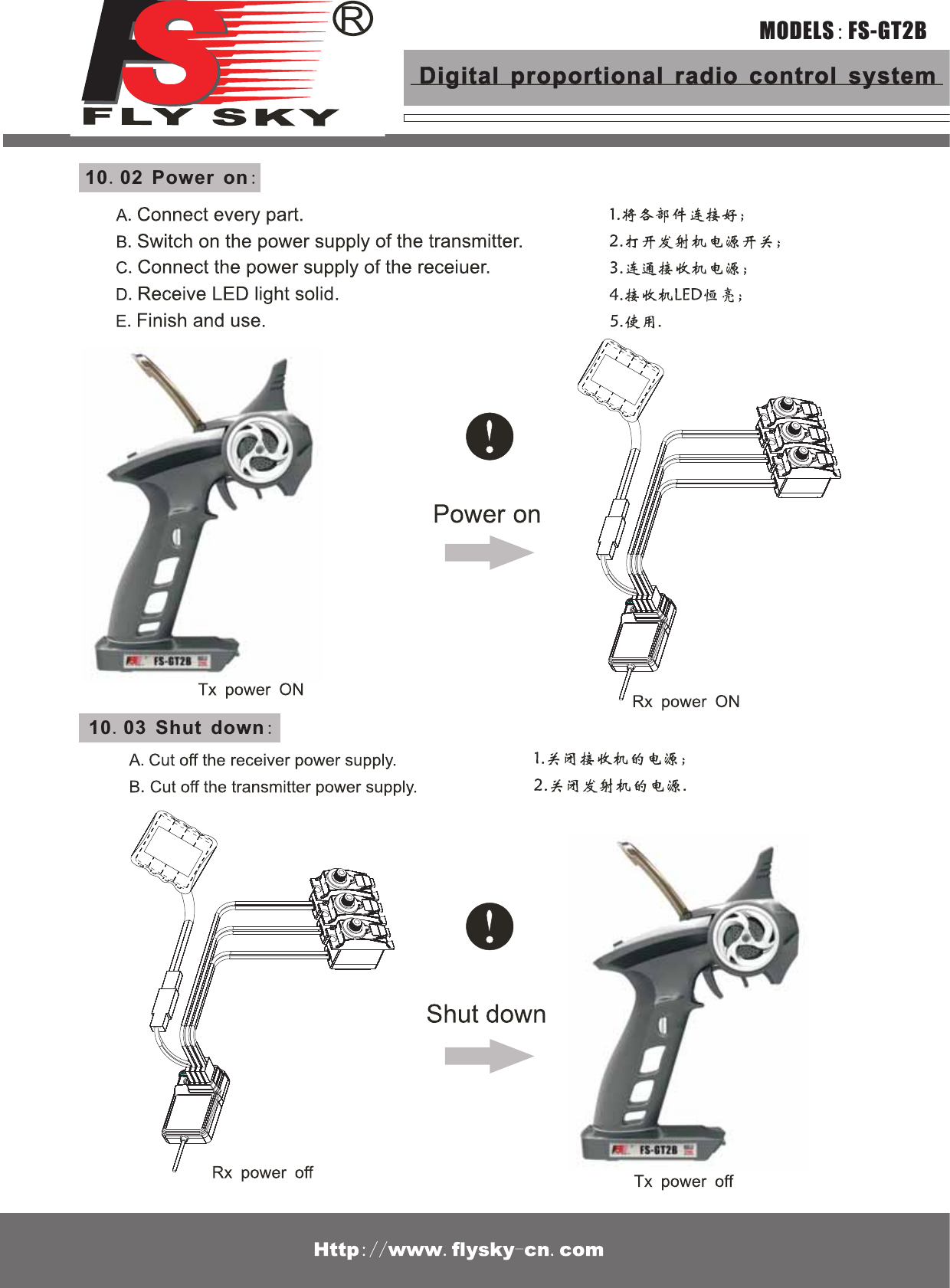 10.02 Power on:10.03 Shut down:MODELS:FS-GT2BDigital proportional radio control system