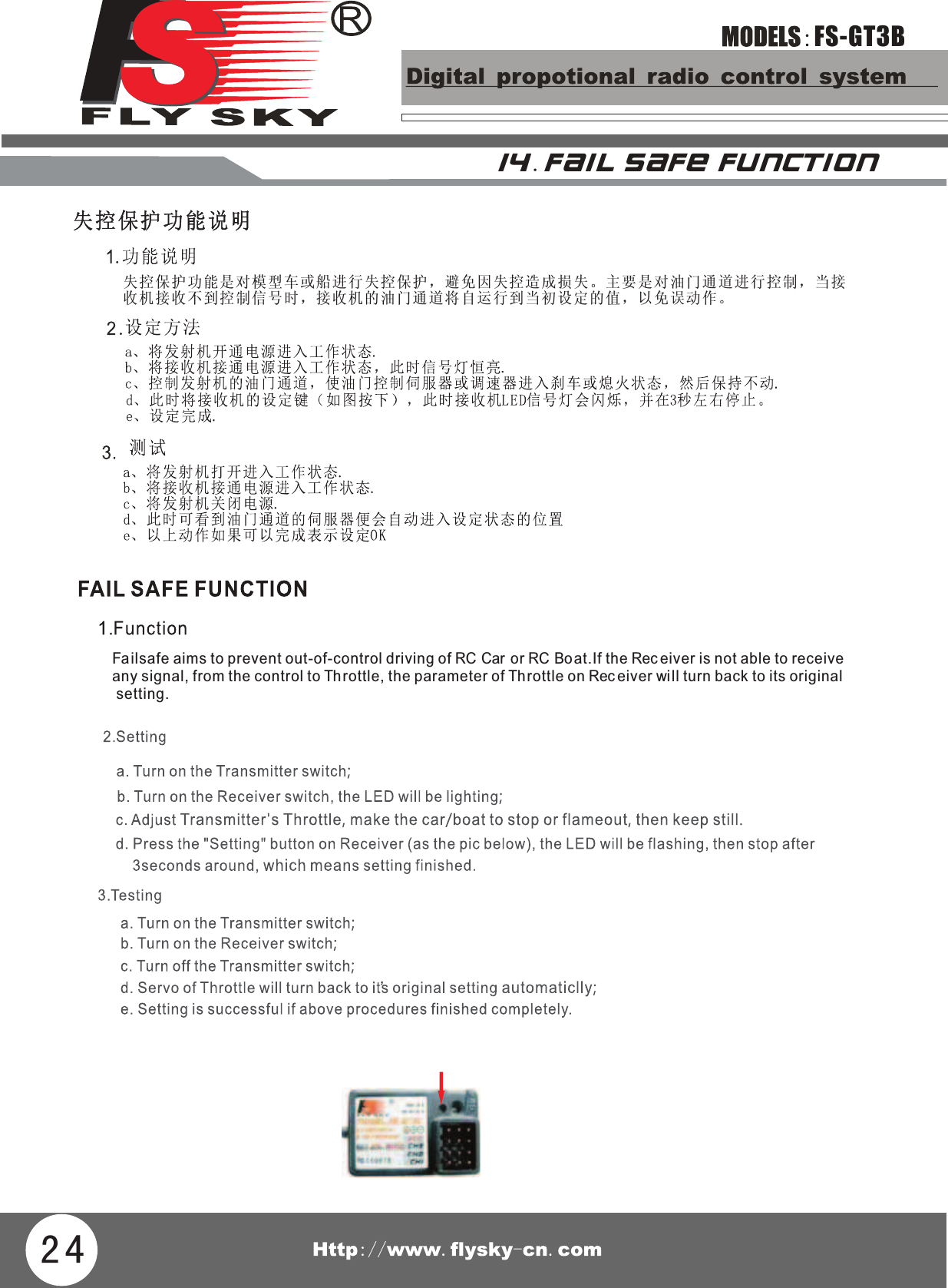 FS-GT3B24失控保护功能是对模型车或船进行失控保护，避免因失控造成损失。主要是对油门通道进行控制，当接收机接收不 到控 制信 号时 ，接收机的油门通道 将自 运行 到当 初设定的值，以免误 动作 。Failsafe aims to prevent out-of-control driving of RC Car  or RC Bo at.If the Rec eiver is not able to receive any signal, from the control to Throttle, the parameter of Throttle on Rec eiver wi ll turn back to its original setting.1 4 .FAIL S AFE FUN C TION