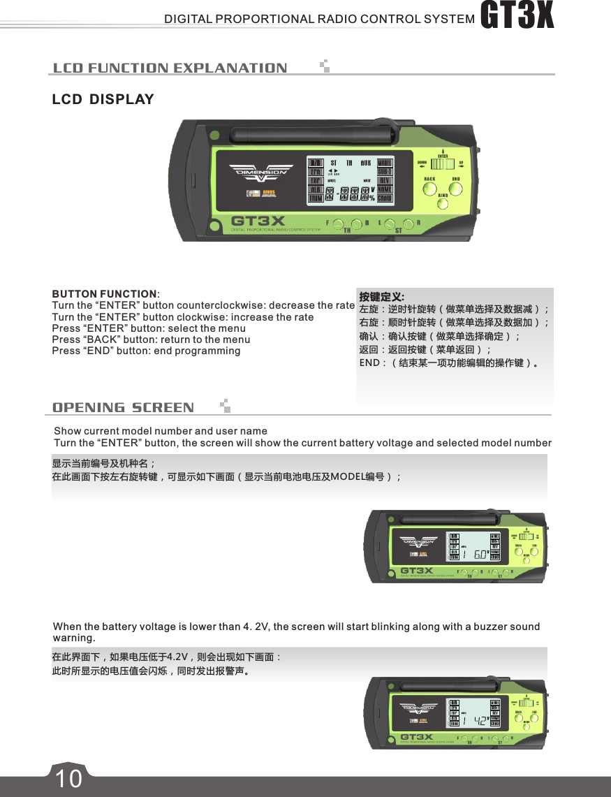 LCD DISPLAY按键定义:左旋：逆时针旋转（做菜单选择及数据减）；右旋：顺时针旋转（做菜单选择及数据加）；确认：确认按键（做菜单选择确定）；返回：返回按键（菜单返回）；END：（结束某一项功能编辑的操作键）。显示当前编号及机种名；在此画面下按左右旋转键，可显示如下画面（显示当前电池电压及MODEL编号）；在此界面下，如果电压低于4.2V，则会出现如下画面：此时所显示的电压值会闪烁，同时发出报警声。10LCD FUNCTION EXPLANATIONOPENING SCREENBUTTON FUNCTION:Turn the “ENTER” button counterclockwise: decrease the rate Turn the “ENTER” button clockwise: increase the ratePress “ENTER” button: select the menu Press “BACK” button: return to the menu Press “END” button: end programmingShow current model number and user nameTurn the “ENTER” button, the screen will show the current battery voltage and selected model numberWhen the battery voltage is lower than 4. 2V, the screen will start blinking along with a buzzer sound warning.GT3XDIGITAL PROPORTIONAL RADIO CONTROL SYSTEM