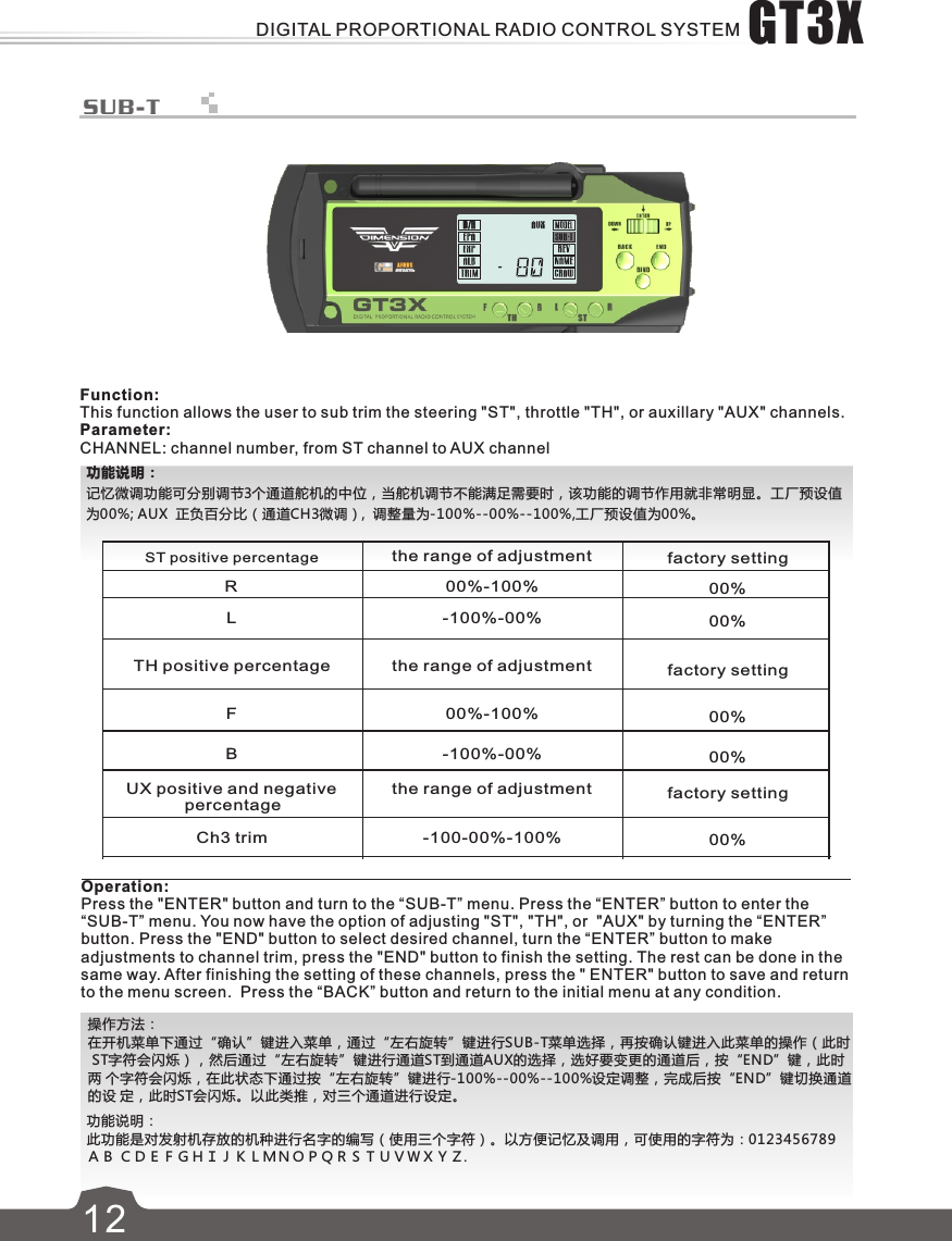 12SUB-TST positive percentage the range of adjustment factory settingTH positive percentageRL00%-100%-100%-00%00%00%the range of adjustment factory settingFB00%-100%-100%-00%00%00%UX positive and negative             percentageCh3 trimthe range of adjustment factory setting-100-00%-100% 00%功能说明：记忆微调功能可分别调节3个通道舵机的中位，当舵机调节不能满足需要时，该功能的调节作用就非常明显。工厂预设值为00%; AUX  正负百分比（通道CH3微调）,  调整量为-100%--00%--100%,工厂预设值为00%。功能说明： 此功能是对发射机存放的机种进行名字的编写（使用三个字符）。以方便记忆及调用，可使用的字符为：0123456789ＡＢ ＣＤＥＦＧＨＩＪＫＬＭＮＯＰＱＲＳＴＵＶＷＸＹＺ.操作方法：在开机菜单下通过“确认”键进入菜单，通过“左右旋转”键进行SUB-T菜单选择，再按确认键进入此菜单的操作（此时 ST字符会闪烁），然后通过“左右旋转”键进行通道ST到通道AUX的选择，选好要变更的通道后，按“END”键，此时两 个字符会闪烁，在此状态下通过按“左右旋转”键进行-100%--00%--100%设定调整，完成后按“END”键切换通道的设 定，此时ST会闪烁。以此类推，对三个通道进行设定。Function:This function allows the user to sub trim the steering &quot;ST&quot;, throttle &quot;TH&quot;, or auxillary &quot;AUX&quot; channels.Parameter:CHANNEL: channel number, from ST channel to AUX channelOperation:   Press the &quot;ENTER&quot; button and turn to the “SUB-T” menu. Press the “ENTER” button to enter the “SUB-T” menu. You now have the option of adjusting &quot;ST&quot;, &quot;TH&quot;, or  &quot;AUX&quot; by turning the “ENTER” button. Press the &quot;END&quot; button to select desired channel, turn the “ENTER” button to make adjustments to channel trim, press the &quot;END&quot; button to finish the setting. The rest can be done in the same way. After finishing the setting of these channels, press the &quot; ENTER&quot; button to save and return to the menu screen.  Press the “BACK” button and return to the initial menu at any condition.GT3XDIGITAL PROPORTIONAL RADIO CONTROL SYSTEM