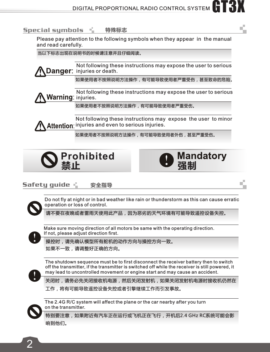         如果使用者不按照说明方法操作，有可能导致使用者严重受伤，甚至致命的危险。2 Special symbolsSafety guide        强制        禁止        当以下标志出现在说明书的时候请注意并且仔细阅读。        如果使用者不按照说明方法操作，有可能导致使用者严重受伤。如果使用者不按照说明方法操作，有可能导致使用者外伤，甚至严重受伤。Not following these instructions may expose the user to serious injuries or death.Not following these instructions may expose the user to serious injuries.Not following these instructions may  expose  the user  to minor injuries and even to serious injuries.ProhibitedPlease pay attention to the following symbols when they appear  in  the manual and read carefully.特殊标志安全指导Do not fly at night or in bad weather like rain or thunderstorm as this can cause erratic operation or loss of control.Make sure moving direction of all motors be same with the operating direction.If not, please adjust direction first.        请不要在夜晚或者雷雨天使用此产品，因为恶劣的天气环境有可能导致遥控设备失控。操控时，请先确认模型所有舵机的动作方向与操控方向一致。如果不一致，请调整好正确的方向。The shutdown sequence must be to first disconnect the receiver battery then to switch off the transmitter, if the transmitter is switched off while the receiver is still powered, it may lead to uncontrolled movement or engine start and may cause an accident.关闭时，请务必先关闭接收机电源，然后关闭发射机，如果关闭发射机电源时接收机仍然在工作，将有可能导致遥控设备失控或者引擎继续工作而引发事故。The 2.4G R/C system will affect the plane or the car nearby after you turn on the transmitter.特别要注意，如果附近有汽车正在运行或飞机正在飞行，开机后2.4 GHz RC系统可能会影响到他们。GT3XDIGITAL PROPORTIONAL RADIO CONTROL SYSTEM