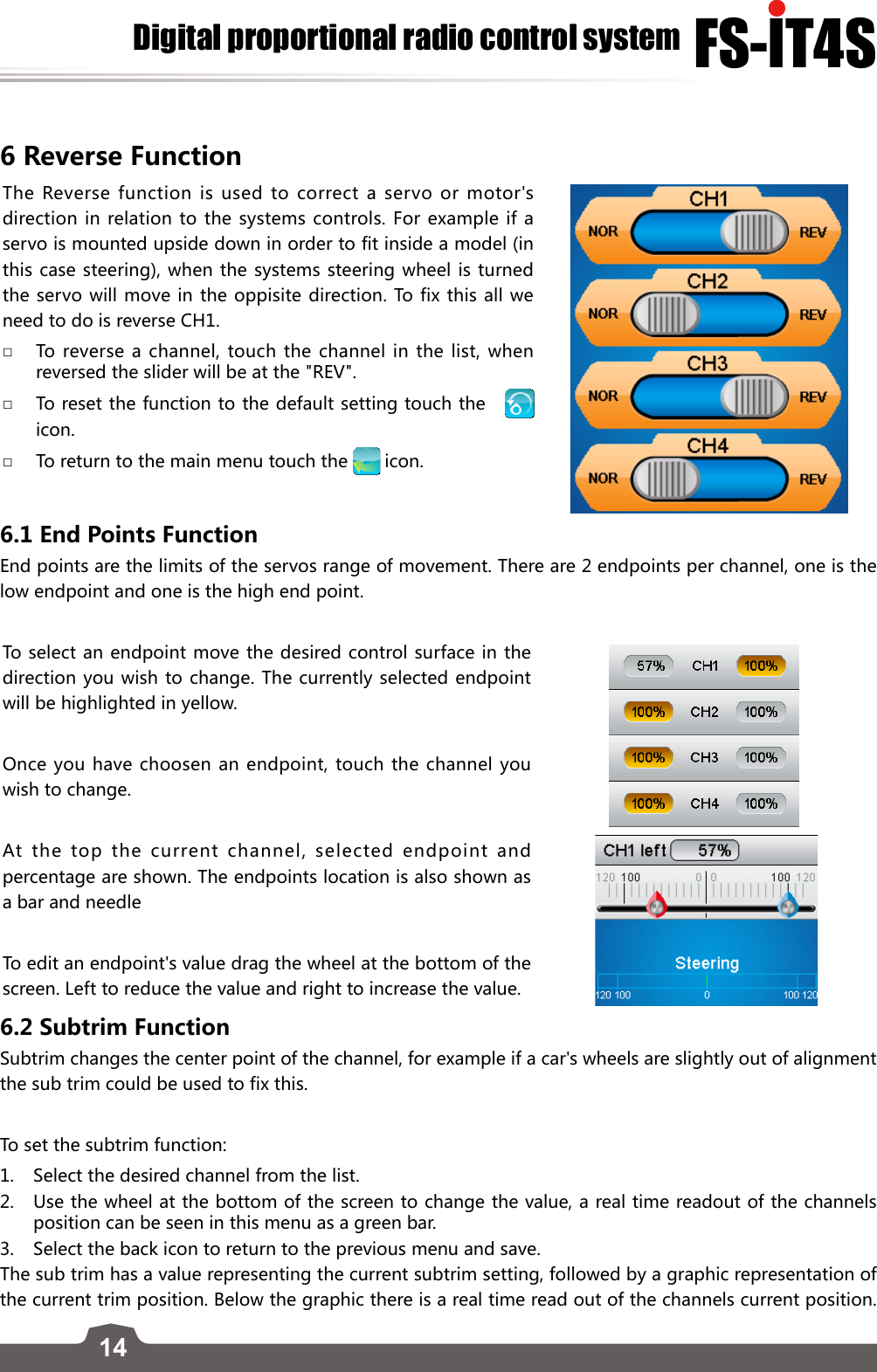 14FS-lT4SDigital proportional radio control system6 Reverse FunctionThe Reverse function is used to correct a servo or motor&apos;s direction in relation to the systems controls. For example if a servo is mounted upside down in order to fit inside a model (in this case steering), when the systems steering wheel is turned the servo will move in the oppisite direction. To fix this all we need to do is reverse CH1.  □To reverse a channel, touch the channel in the list, when reversed the slider will be at the &quot;REV&quot;.  □To reset the function to the default setting touch the   icon. □To return to the main menu touch the  icon.6.1 End Points FunctionEnd points are the limits of the servos range of movement. There are 2 endpoints per channel, one is the low endpoint and one is the high end point. To select an endpoint move the desired control surface in the direction you wish to change. The currently selected endpoint will be highlighted in yellow. Once you have choosen an endpoint, touch the channel you wish to change.  At the top the current channel, selected endpoint and percentage are shown. The endpoints location is also shown as a bar and needleTo edit an endpoint&apos;s value drag the wheel at the bottom of the screen. Left to reduce the value and right to increase the value.6.2 Subtrim Function Subtrim changes the center point of the channel, for example if a car&apos;s wheels are slightly out of alignment the sub trim could be used to fix this. To set the subtrim function:1.  Select the desired channel from the list. 2.  Use the wheel at the bottom of the screen to change the value, a real time readout of the channels position can be seen in this menu as a green bar.3.  Select the back icon to return to the previous menu and save. The sub trim has a value representing the current subtrim setting, followed by a graphic representation of the current trim position. Below the graphic there is a real time read out of the channels current position. 