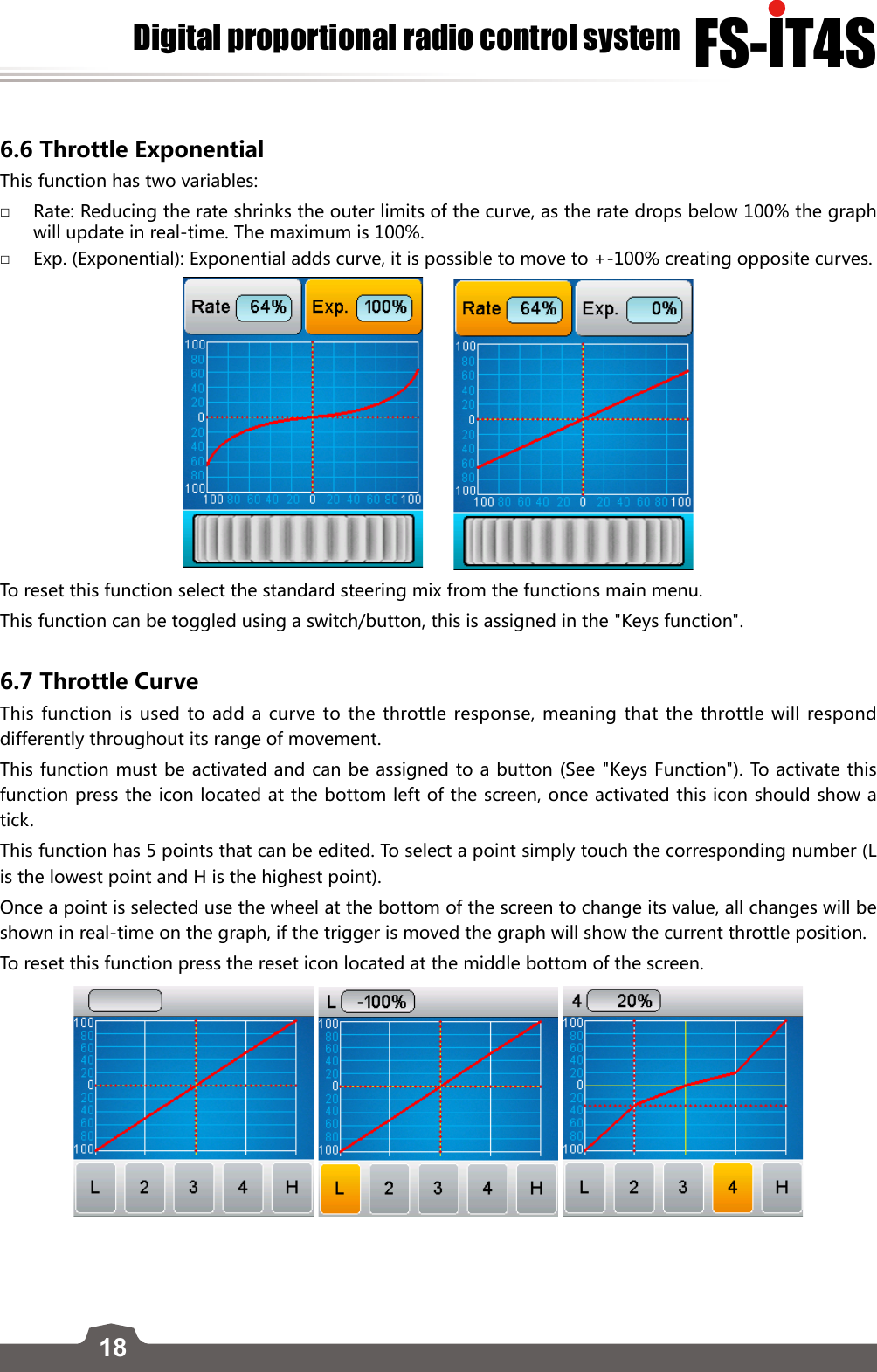 18FS-lT4SDigital proportional radio control system6.6 Throttle ExponentialThis function has two variables: □Rate: Reducing the rate shrinks the outer limits of the curve, as the rate drops below 100% the graph will update in real-time. The maximum is 100%. □Exp. (Exponential): Exponential adds curve, it is possible to move to +-100% creating opposite curves.       To reset this function select the standard steering mix from the functions main menu. This function can be toggled using a switch/button, this is assigned in the &quot;Keys function&quot;.6.7 Throttle CurveThis function is used to add a curve to the throttle response, meaning that the throttle will respond differently throughout its range of movement. This function must be activated and can be assigned to a button (See &quot;Keys Function&quot;). To activate this function press the icon located at the bottom left of the screen, once activated this icon should show a tick. This function has 5 points that can be edited. To select a point simply touch the corresponding number (L is the lowest point and H is the highest point).Once a point is selected use the wheel at the bottom of the screen to change its value, all changes will be shown in real-time on the graph, if the trigger is moved the graph will show the current throttle position. To reset this function press the reset icon located at the middle bottom of the screen.    