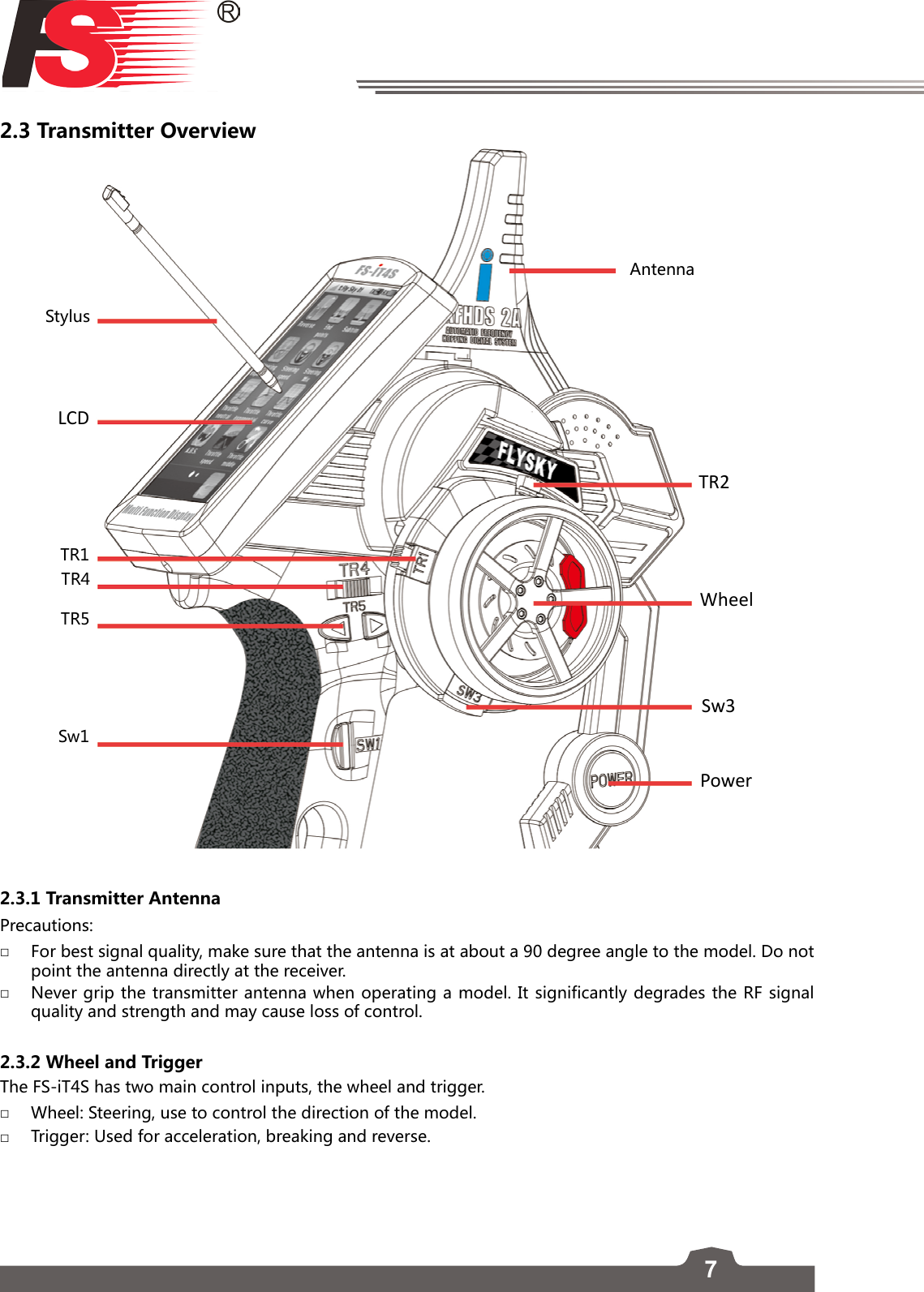 72.3 Transmitter Overview   StylusLCDTR1TR4TR5Sw1PowerWheelSw3TR2Antenna                                                   2.3.1 Transmitter Antenna Precautions: □For best signal quality, make sure that the antenna is at about a 90 degree angle to the model. Do not point the antenna directly at the receiver.  □Never grip the transmitter antenna when operating a model. It significantly degrades the RF signal quality and strength and may cause loss of control. 2.3.2 Wheel and TriggerThe FS-iT4S has two main control inputs, the wheel and trigger.  □Wheel: Steering, use to control the direction of the model.  □Trigger: Used for acceleration, breaking and reverse. 