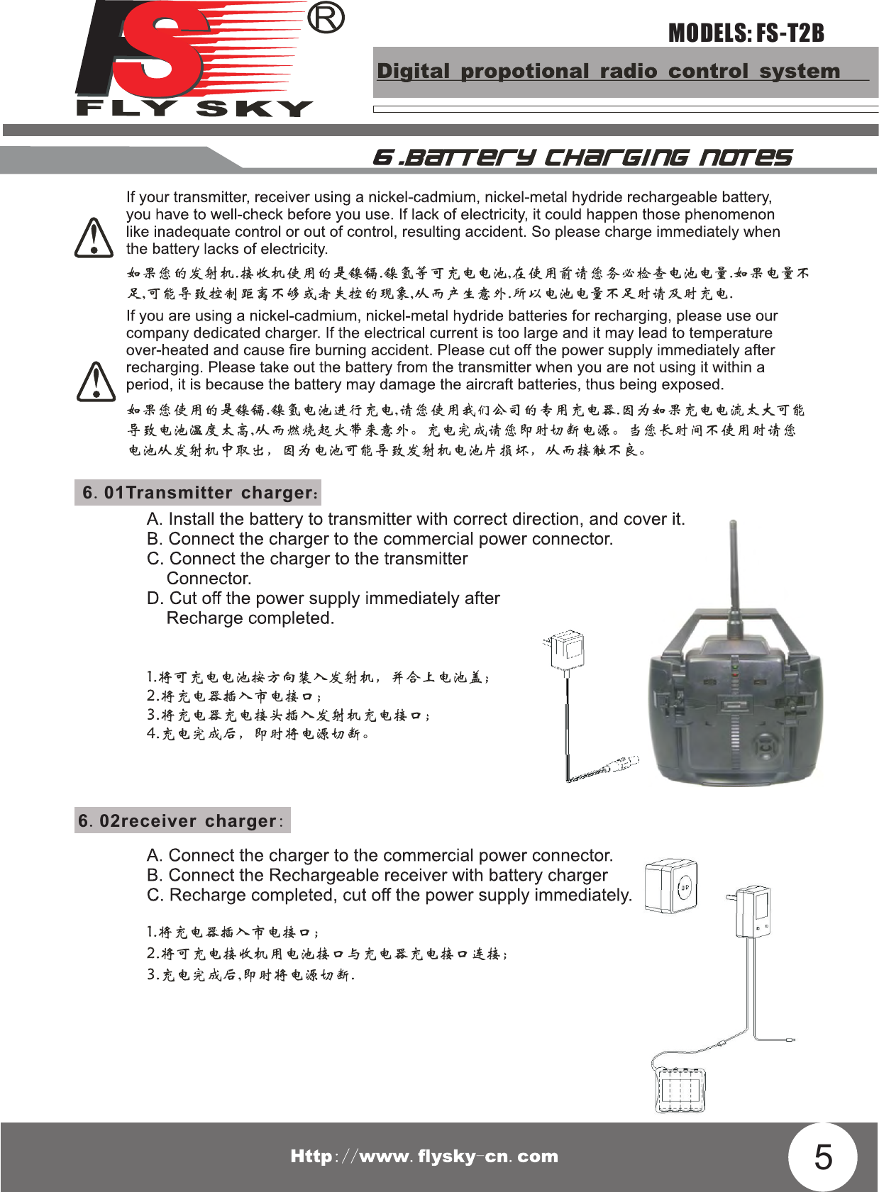 56.01Transmitter charger：6.02receiver charger:MODELS: FS-T2B