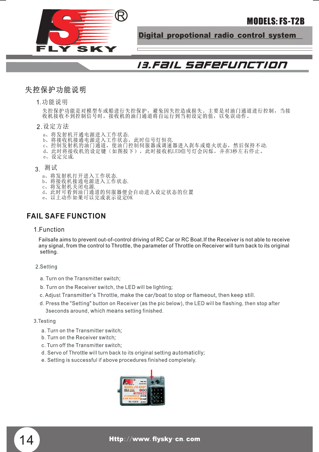 失控保护功能是对模型车或船进行失控保护，避免因失控造成损失。主要是对油门通道进行控制，当接收机接收不到控制信号时，接收机的油门通道将自运行到当初设定的值，以免误动作。Failsafe aims to prevent out-of-control driving of RC Car or RC Boat.If the Receiver is not able to receive any signal, from the control to Throttle, the parameter of Throttle on Receiver will turn back to its original setting.14MODELS: FS-T2B