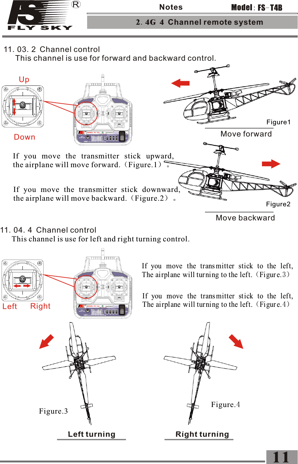 2.4G 4 Channel remote system 11FS-T4BModel:Notes11.03.2 Channel control   This channel is use for forward and backward control.11.04.4 Channel control   This channel is use for left and right turning control.Move forwardMove backwardLeft turning Right turningFigure1Figure2If  you  move  the  transmitter  stick  upward,the airplane will move forward.（Figure.1）。If  you  move  the  transmitter  stick  downward,the airplane will move backward.（Figure.2）。If  you  move  the  trans mitter  stick  to  the  left,The ai rplane  will tur ning to the left.（Figur e.4）If  you  move  the  trans mitter  stick  to  the  left,The ai rplane  will tur ning to the left.（Figur e.3）Figure.3 Figure.4Left RightUpDown