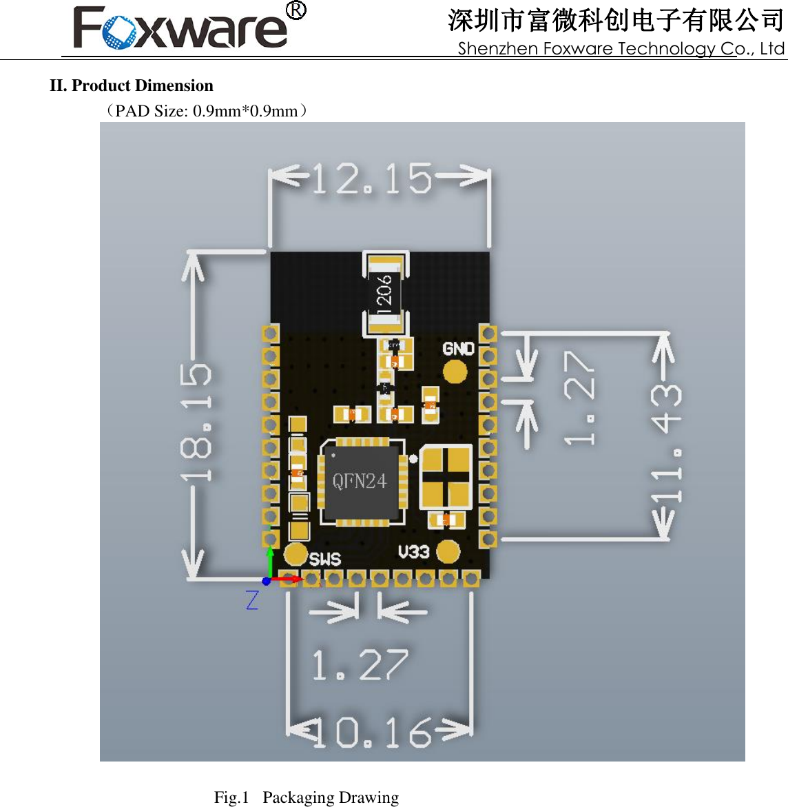 深圳市富微科创电子有限公司 Shenzhen Foxware Technology Co., Ltd             II. Product Dimension （PAD Size: 0.9mm*0.9mm）    Fig.1   Packaging Drawing