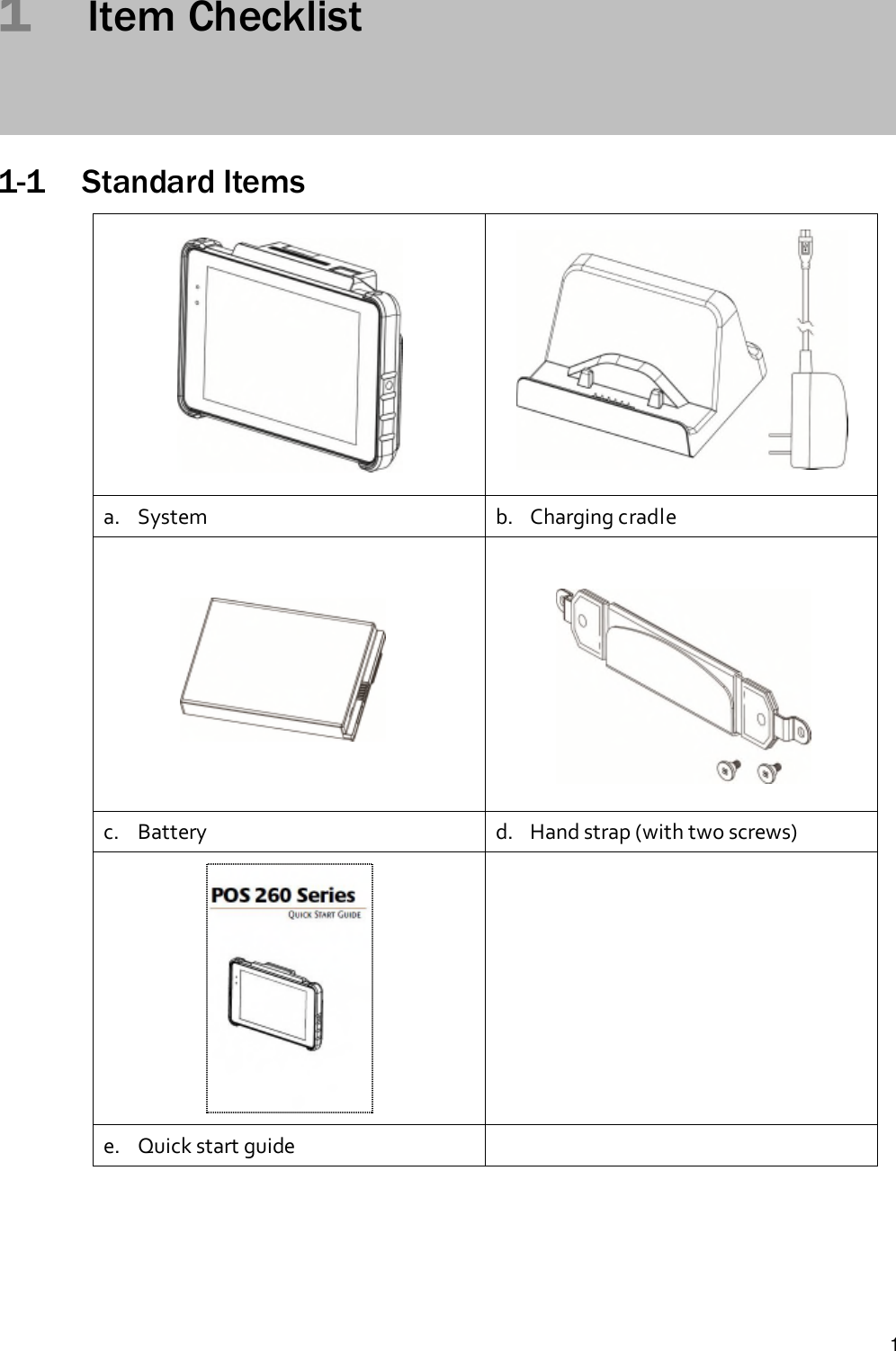 11Item Checklist1-1 Standard Itemsa. System b. Charging cradlec. Battery d. Hand strap (with two screws)e. Quick start guide