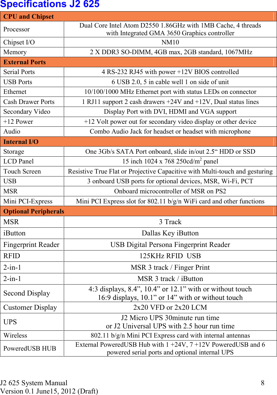 J2 625 System Manual Version 0.1 June15, 2012 (Draft)     8  Specifications J2 625 CPU and Chipset Processor  Dual Core Intel Atom D2550 1.86GHz with 1MB Cache, 4 threads  with Integrated GMA 3650 Graphics controller Chipset I/O  NM10 Memory   2 X DDR3 SO-DIMM, 4GB max, 2GB standard, 1067MHz External Ports Serial Ports  4 RS-232 RJ45 with power +12V BIOS controlled USB Ports  6 USB 2.0, 5 in cable well 1 on side of unit Ethernet  10/100/1000 MHz Ethernet port with status LEDs on connector Cash Drawer Ports  1 RJ11 support 2 cash drawers +24V and +12V, Dual status lines Secondary Video  Display Port with DVI, HDMI and VGA support +12 Power  +12 Volt power out for secondary video display or other device Audio  Combo Audio Jack for headset or headset with microphone Internal I/O Storage  One 3Gb/s SATA Port onboard, slide in/out  HDD or SSD LCD Panel  15 inch 1024 x 768 250cd/m2 panel Touch Screen  Resistive True Flat or Projective Capacitive with Multi-touch and gesturing  USB  3 onboard USB ports for optional devices, MSR, Wi-Fi, PCT MSR  Onboard microcontroller of MSR on PS2  Mini PCI-Express  Mini PCI Express slot for 802.11 b/g/n WiFi card and other functions Optional Peripherals MSR  3 Track   iButton  Dallas Key iButton  Fingerprint Reader  USB Digital Persona Fingerprint Reader RFID  125KHz RFID  USB 2-in-1  MSR 3 track / Finger Print  2-in-1  MSR 3 track / iButton Second Display  4:3 displays,  with or without touch  Customer Display   2x20 VFD or 2x20 LCM UPS  J2 Micro UPS 30minute run time  or J2 Universal UPS with 2.5 hour run time   Wireless  802.11 b/g/n Mini PCI Express card with internal antennas PoweredUSB HUB  External PoweredUSB Hub with 1 +24V, 7 +12V PoweredUSB and 6 powered serial ports and optional internal UPS    