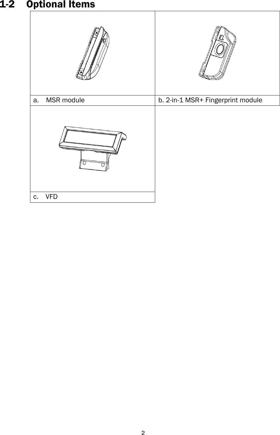   2 1-2 Optional Items   a.    MSR module b. 2-in-1 MSR+ Fingerprint module     c.    VFD  