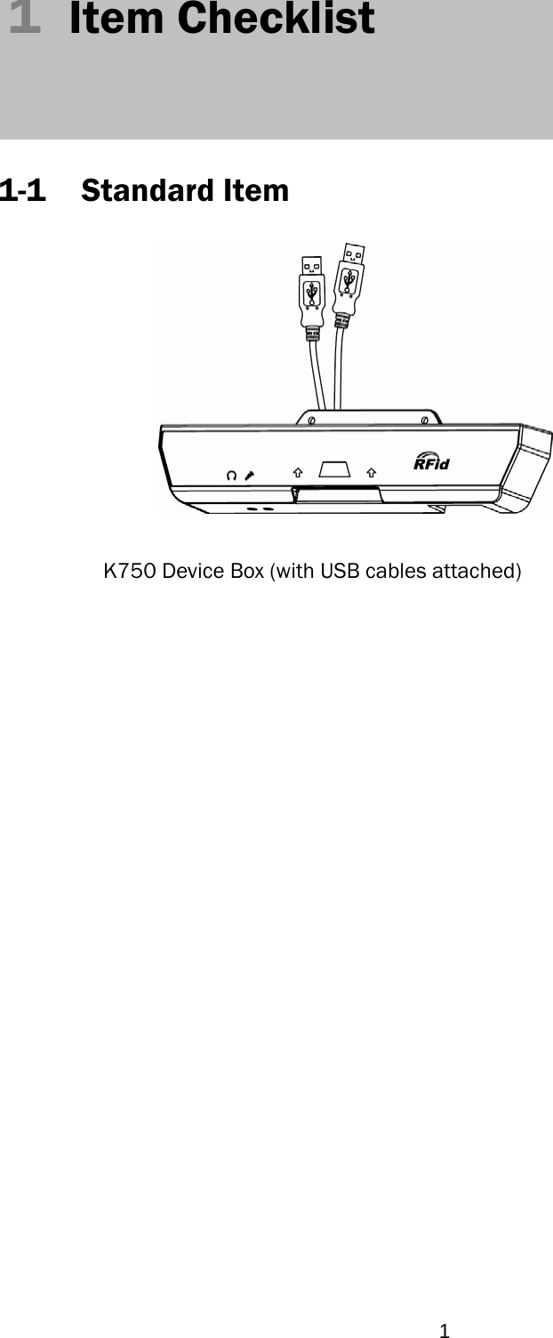  11  Item Checklist      1-1 Standard Item  K750 Device Box (with USB cables attached) 