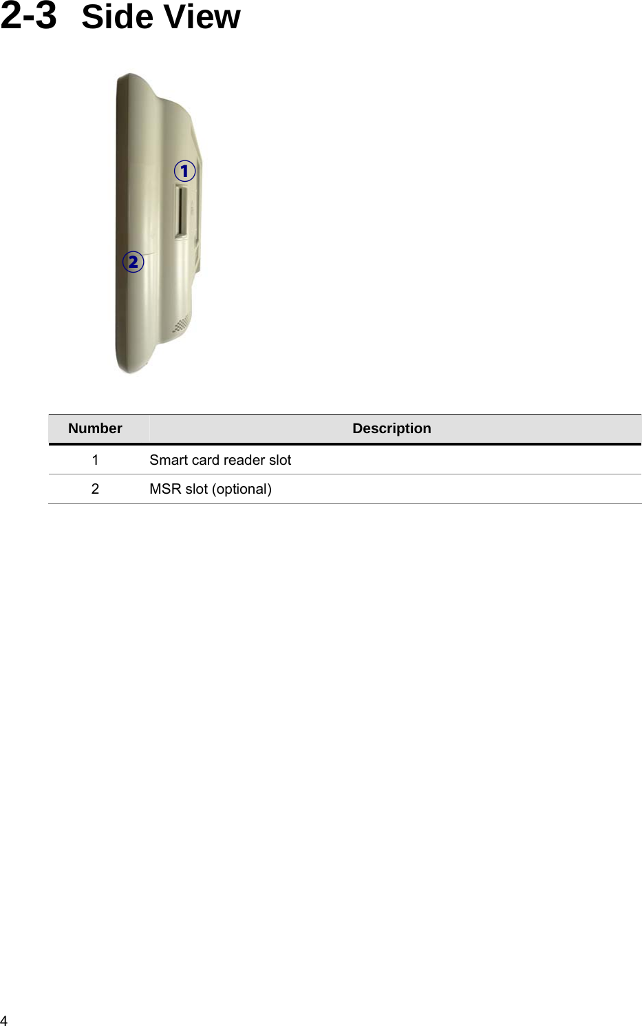  4 2-3  Side View   Number  Description 1  Smart card reader slot 2  MSR slot (optional)               ① ② 