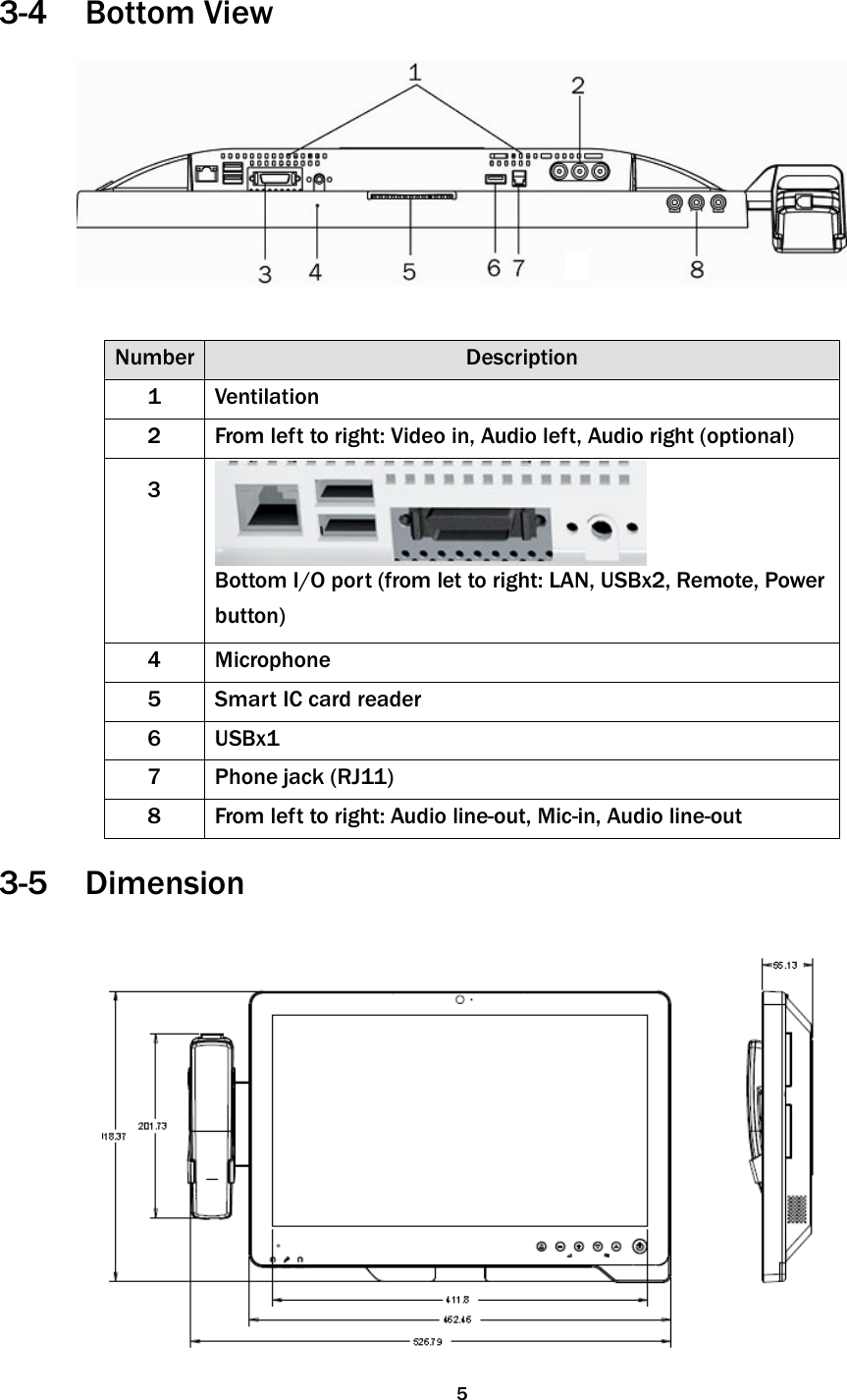   53-4 Bottom View     Number Description 1 Ventilation 2 From left to right: Video in, Audio left, Audio right (optional)  3  Bottom I/O port (from let to right: LAN, USBx2, Remote, Power button) 4 Microphone 5 Smart IC card reader 6 USBx1 7 Phone jack (RJ11) 8 From left to right: Audio line-out, Mic-in, Audio line-out  3-5 Dimension    