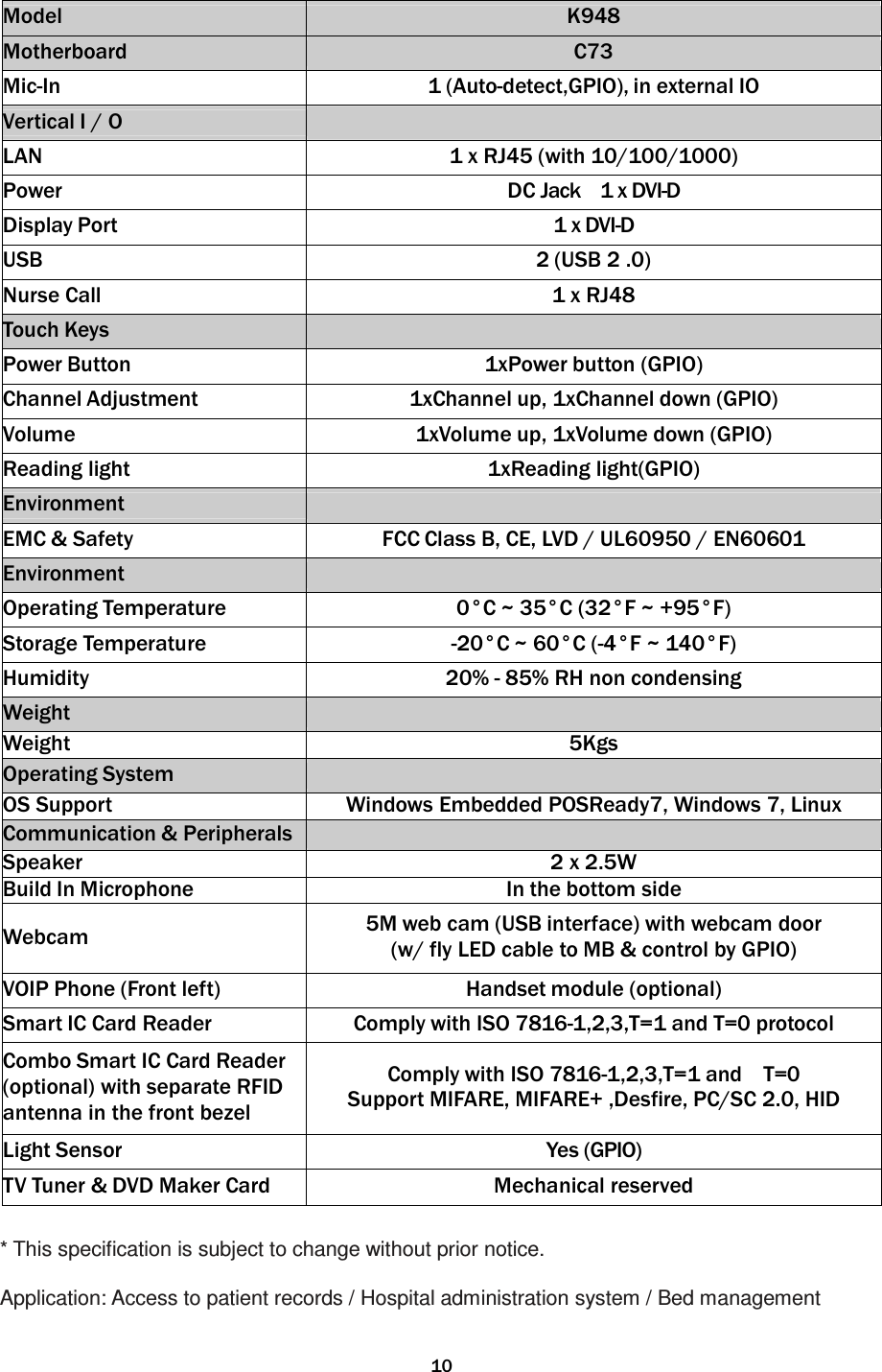   10Model K948 Motherboard C73 Mic-In 1 (Auto-detect,GPIO), in external IO Vertical I / O  LAN 1 x RJ45 (with 10/100/1000) Power DC Jack    1 x DVI-D Display Port 1 x DVI-D USB 2 (USB 2 .0) Nurse Call 1 x RJ48 Touch Keys  Power Button 1xPower button (GPIO) Channel Adjustment 1xChannel up, 1xChannel down (GPIO) Volume 1xVolume up, 1xVolume down (GPIO) Reading light  1xReading light(GPIO) Environment  EMC &amp; Safety FCC Class B, CE, LVD / UL60950 / EN60601 Environment  Operating Temperature 0°C ~ 35°C (32°F ~ +95°F) Storage Temperature -20°C ~ 60°C (-4°F ~ 140°F) Humidity 20% - 85% RH non condensing Weight  Weight 5Kgs Operating System  OS Support Windows Embedded POSReady7, Windows 7, Linux Communication &amp; Peripherals  Speaker 2 x 2.5W Build In Microphone In the bottom side Webcam 5M web cam (USB interface) with webcam door (w/ fly LED cable to MB &amp; control by GPIO) VOIP Phone (Front left) Handset module (optional) Smart IC Card Reader Comply with ISO 7816-1,2,3,T=1 and T=0 protocol Combo Smart IC Card Reader (optional) with separate RFID antenna in the front bezel Comply with ISO 7816-1,2,3,T=1 and    T=0 Support MIFARE, MIFARE+ ,Desfire, PC/SC 2.0, HID Light Sensor Yes (GPIO) TV Tuner &amp; DVD Maker Card Mechanical reserved  * This speciﬁcation is subject to change without prior notice.  Application: Access to patient records / Hospital administration system / Bed management  