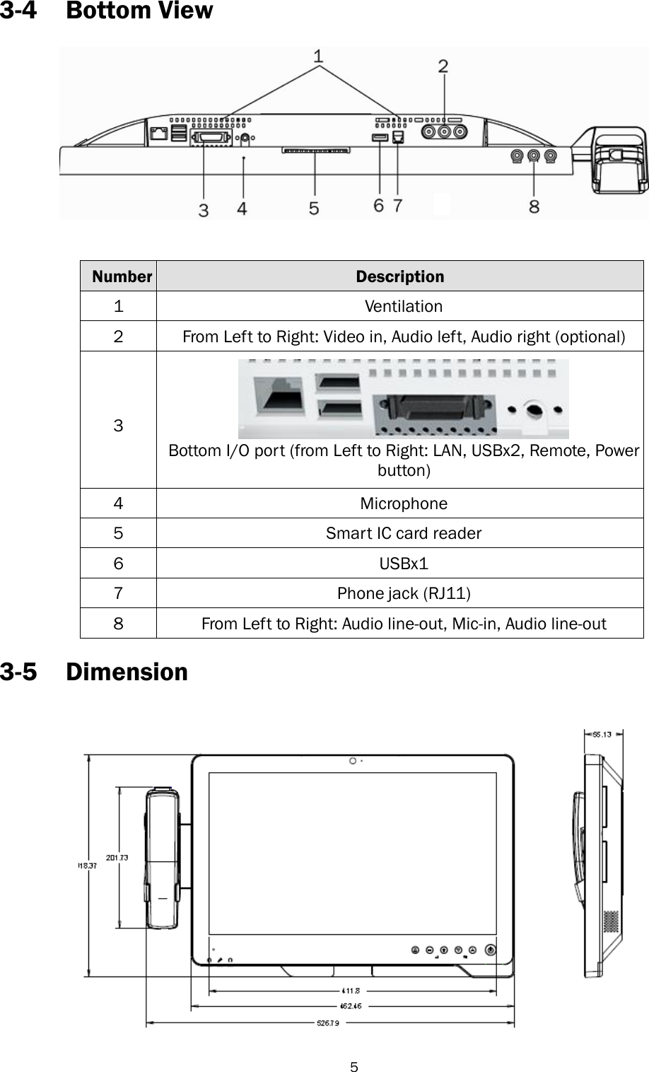   5 3-4 Bottom View     Number Description 1 Ventilation 2 From Left to Right: Video in, Audio left, Audio right (optional)  3  Bottom I/O port (from Left to Right: LAN, USBx2, Remote, Power button) 4 Microphone 5 Smart IC card reader 6 USBx1 7 Phone jack (RJ11) 8 From Left to Right: Audio line-out, Mic-in, Audio line-out  3-5 Dimension    