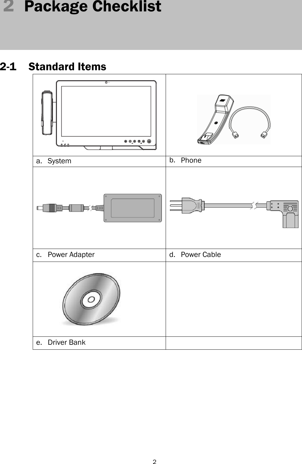   2 2  Package Checklist        2-1 Standard Items    a. System b. Phone M odule    c. Power Adapter d. Power Cable    e. Driver Bank  