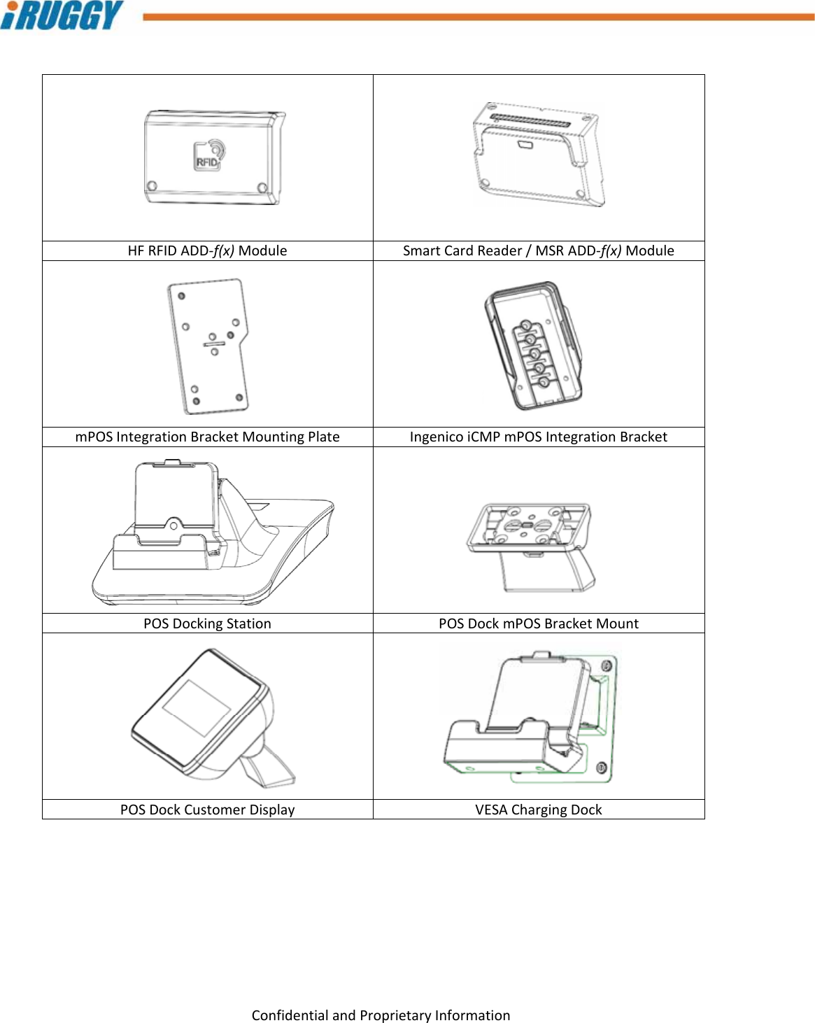 G8UserManual 9ConfidentialandProprietaryInformationHFRFIDADD‐f(x)ModuleSmartCardReader/MSRADD‐f(x)ModulemPOSIntegrationBracketMountingPlateIngenicoiCMPmPOSIntegrationBracketPOSDockingStationPOSDockmPOSBracketMountPOSDockCustomerDisplay VESAChargingDock 