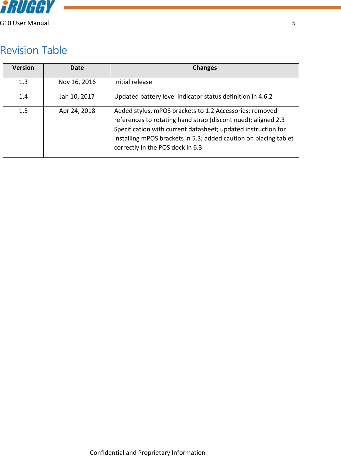 G10 User Manual    5    Confidential and Proprietary Information Revision Table Version Date Changes 1.3 Nov 16, 2016 Initial release 1.4 Jan 10, 2017 Updated battery level indicator status definition in 4.6.2 1.5 Apr 24, 2018 Added stylus, mPOS brackets to 1.2 Accessories; removed references to rotating hand strap (discontinued); aligned 2.3 Specification with current datasheet; updated instruction for installing mPOS brackets in 5.3; added caution on placing tablet correctly in the POS dock in 6.3  