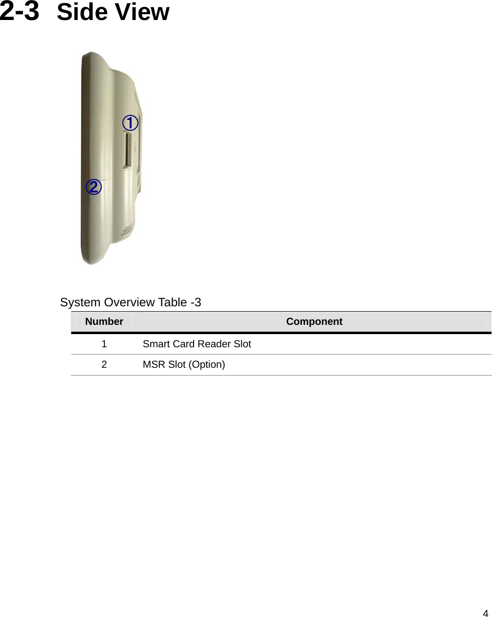  4  2-3  Side View   System Overview Table -3 Number  Component 1  Smart Card Reader Slot 2  MSR Slot (Option)   ① ② 