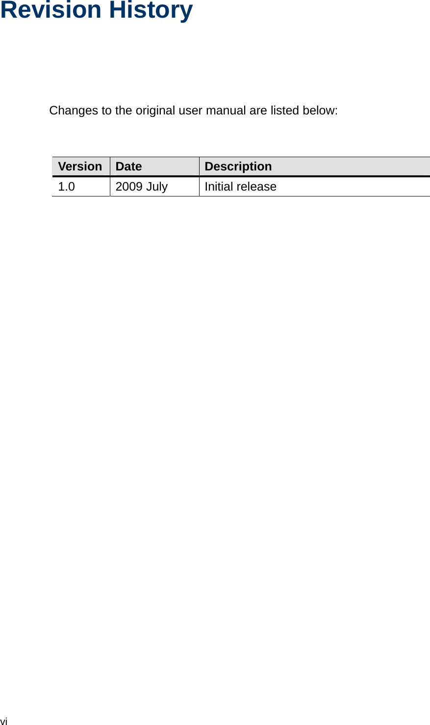  vi Revision History   Changes to the original user manual are listed below:   Version  Date  Description 1.0  2009 July  Initial release  