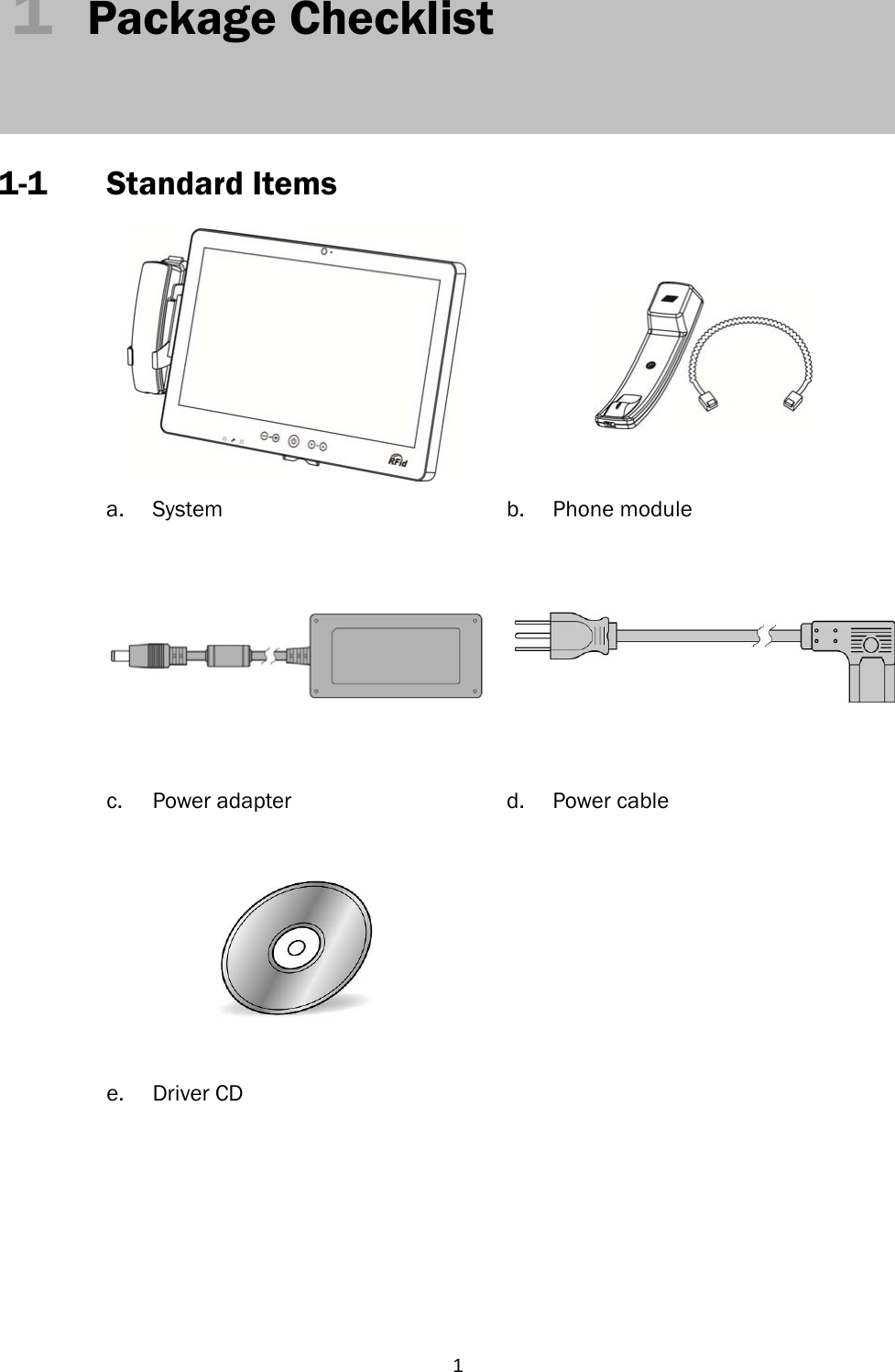  11  Package Checklist    1-1 Standard Items   a. System b. Phone module   c. Power adapter  d. Power cable   e. Driver CD         