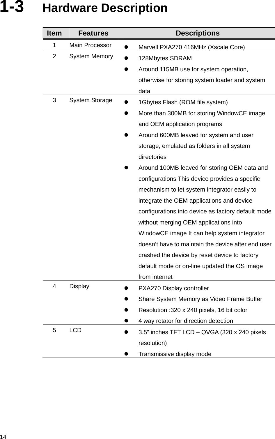  141-3  Hardware Description  Item  Features  Descriptions 1 Main Processor   Marvell PXA270 416MHz (Xscale Core) 2 System Memory  128Mbytes SDRAM    Around 115MB use for system operation, otherwise for storing system loader and system data 3 System Storage   1Gbytes Flash (ROM file system)   More than 300MB for storing WindowCE image and OEM application programs   Around 600MB leaved for system and user storage, emulated as folders in all system directories   Around 100MB leaved for storing OEM data and configurations This device provides a specific mechanism to let system integrator easily to integrate the OEM applications and device configurations into device as factory default mode without merging OEM applications into WindowCE image It can help system integrator doesn’t have to maintain the device after end user crashed the device by reset device to factory default mode or on-line updated the OS image from internet 4 Display    PXA270 Display controller   Share System Memory as Video Frame Buffer   Resolution :320 x 240 pixels, 16 bit color   4 way rotator for direction detection   5 LCD    3.5” inches TFT LCD – QVGA (320 x 240 pixels resolution)   Transmissive display mode 