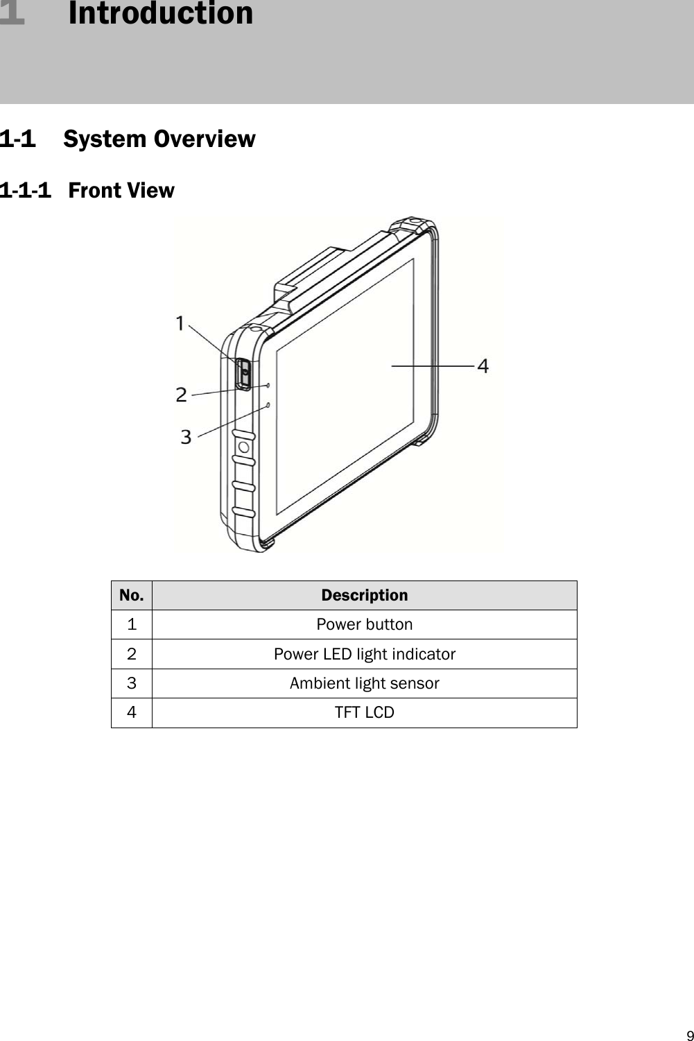   91   Introduction   1-1 System Overview 1-1-1 Front View               No.  Description 1 Power button 2  Power LED light indicator 3  Ambient light sensor 4 TFT LCD 