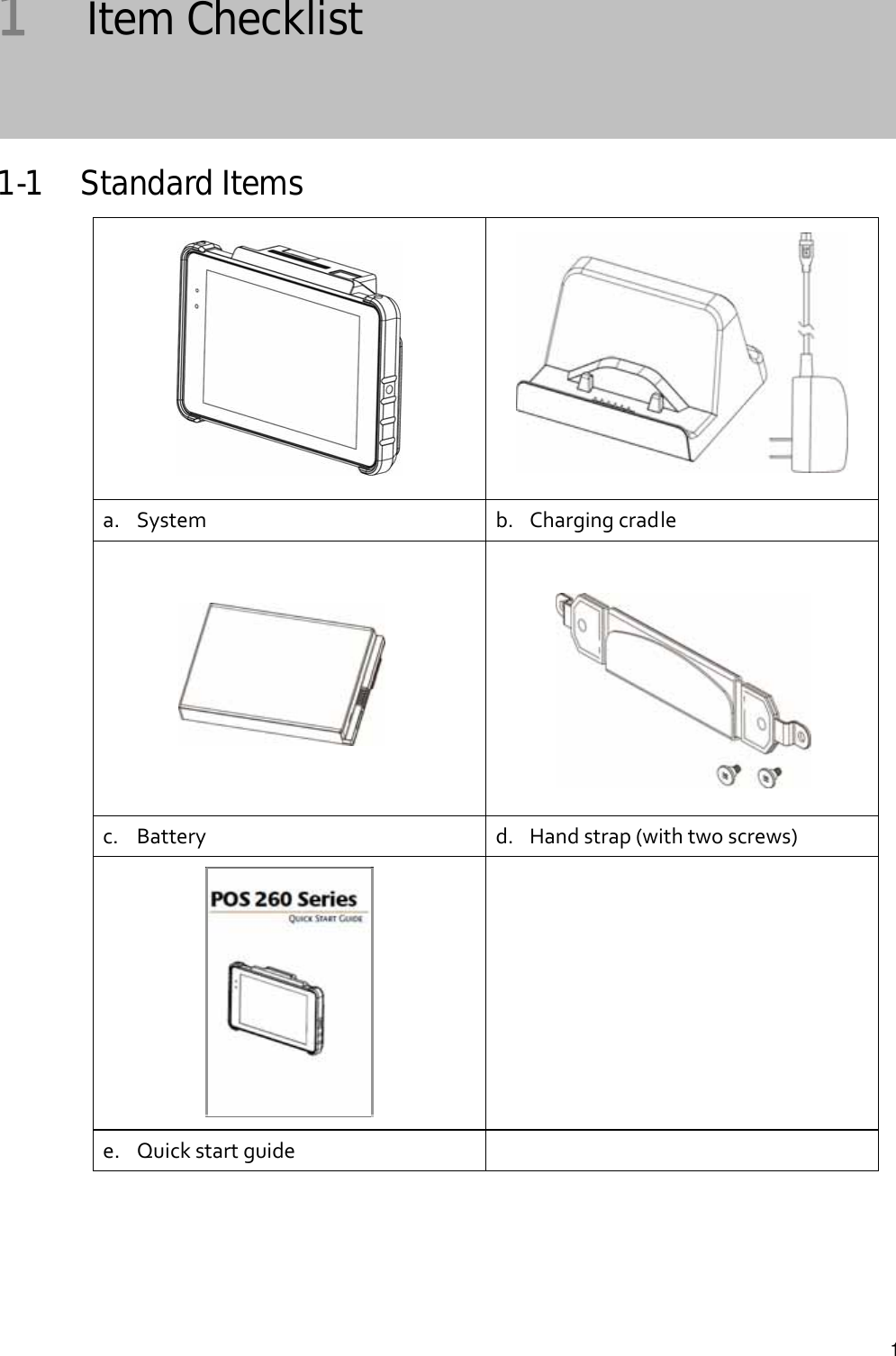   11   Item Checklist    1-1 Standard Items a. Systemb. Chargingcradlec. Batteryd. Handstrap(withtwoscrews)e. Quickstartguide     