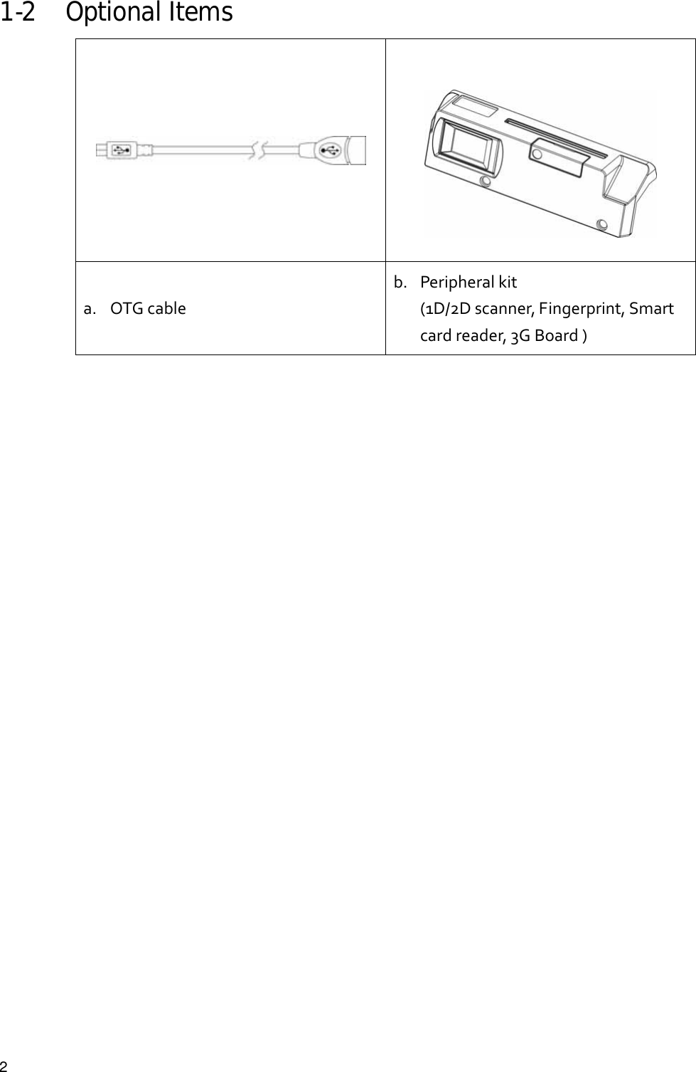  21-2 Optional Items a. OTGcableb. Peripheralkit(1D/2Dscanner,Fingerprint,Smartcardreader,3GBoard)                          