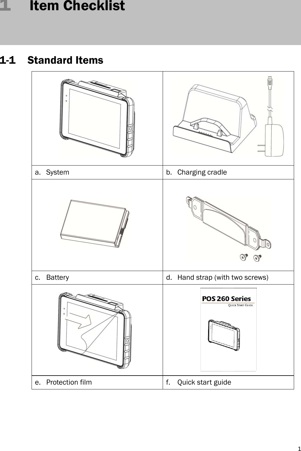   11   Item Checklist    1-1 Standard Items    a. System b. Charging cradle      c. Battery d. Hand strap (with two screws)   e. Protection film  f. Quick start guide      