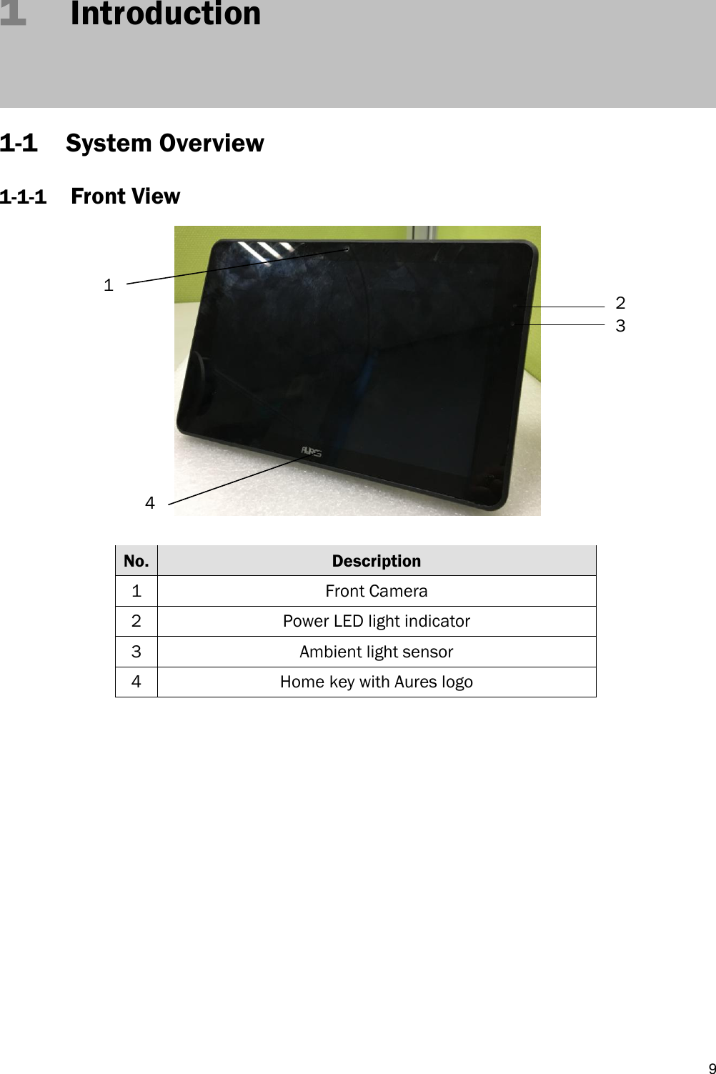   9 1   Introduction   1-1 System Overview 1-1-1 Front View   No. Description 1 Front Camera 2 Power LED light indicator 3 Ambient light sensor 4 Home key with Aures logo 2 3 44 14 