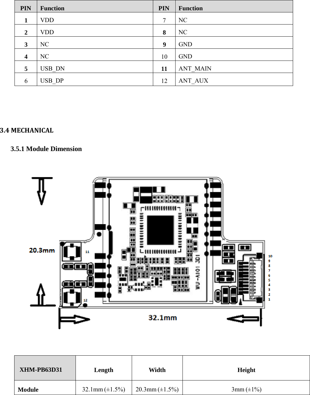 PIN Function PIN Function 1 VDD  7  NC 2 VDD 8 NC 3 NC 9 GND 4 NC  10  GND 5 USB_DN 11 ANT_MAIN 6  USB_DP  12  ANT_AUX 3.4MECHANICAL3.5.1 Module Dimension   XHM-PB63D31 Length Width Height Module 32.1mm (±1.5%) 20.3mm (±1.5%) 3mm (±1%) 