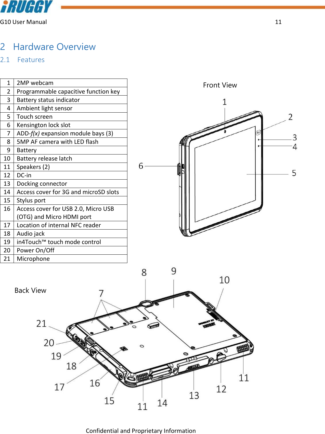 G10 User Manual    11    Confidential and Proprietary Information 2 Hardware Overview 2.1 Features  1 2MP webcam 2 Programmable capacitive function key 3 Battery status indicator 4 Ambient light sensor 5 Touch screen 6 Kensington lock slot 7 ADD-f(x) expansion module bays (3) 8 5MP AF camera with LED flash  9 Battery  10 Battery release latch 11 Speakers (2) 12 DC-in 13 Docking connector  14 Access cover for 3G and microSD slots 15 Stylus port 16 Access cover for USB 2.0, Micro USB (OTG) and Micro HDMI port 17 Location of internal NFC reader  18 Audio jack 19 in4Touch™ touch mode control 20 Power On/Off 21 Microphone    Front View Back View 