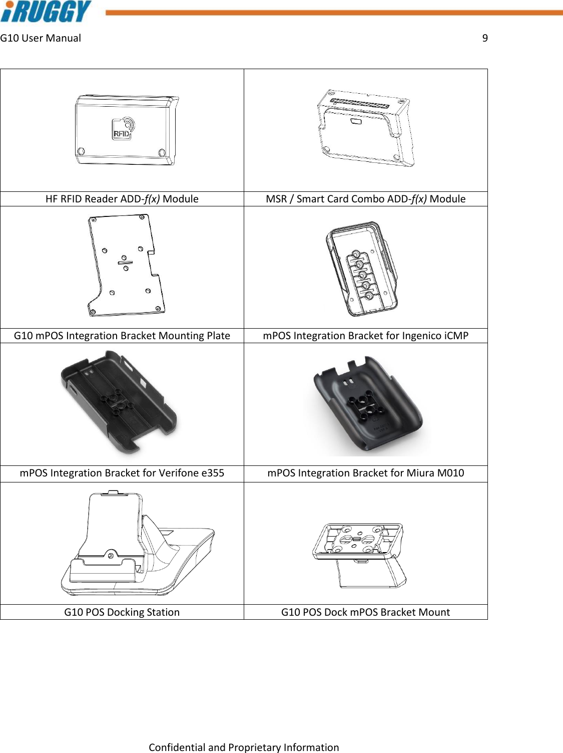 G10 User Manual    9    Confidential and Proprietary Information   HF RFID Reader ADD-f(x) Module MSR / Smart Card Combo ADD-f(x) Module   G10 mPOS Integration Bracket Mounting Plate mPOS Integration Bracket for Ingenico iCMP   mPOS Integration Bracket for Verifone e355 mPOS Integration Bracket for Miura M010   G10 POS Docking Station G10 POS Dock mPOS Bracket Mount  