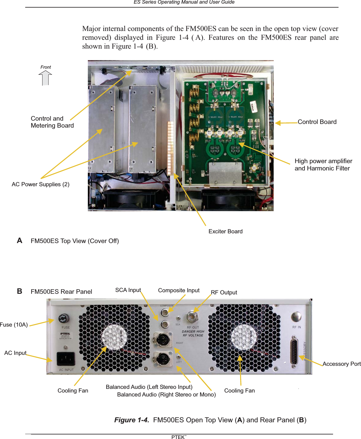 Major internal components of the FM500ES can be seen in the open top view (coverremoved) displayed in Figure 1-4 ( A). Features on the FM500ES rear panel areshown in Figure 1-4 (B).Figure 1-4. FM500ES Open Top View (A) and Rear Panel (B)AC Power Supplies (2)AFM500ES Top View (Cover Off)BFM500ES Rear PanelAccessory PortCooling FanRF OutputFuse (10A)AC InputBalanced Audio (Left Stereo Input)Balanced Audio (Right Stereo or Mono)SCA InputFrontComposite InputHigh power amplifierand Harmonic FilterControl andMetering Board Control BoardExciter BoardCooling FanES Series Operating Manual and User GuidePTEKTM