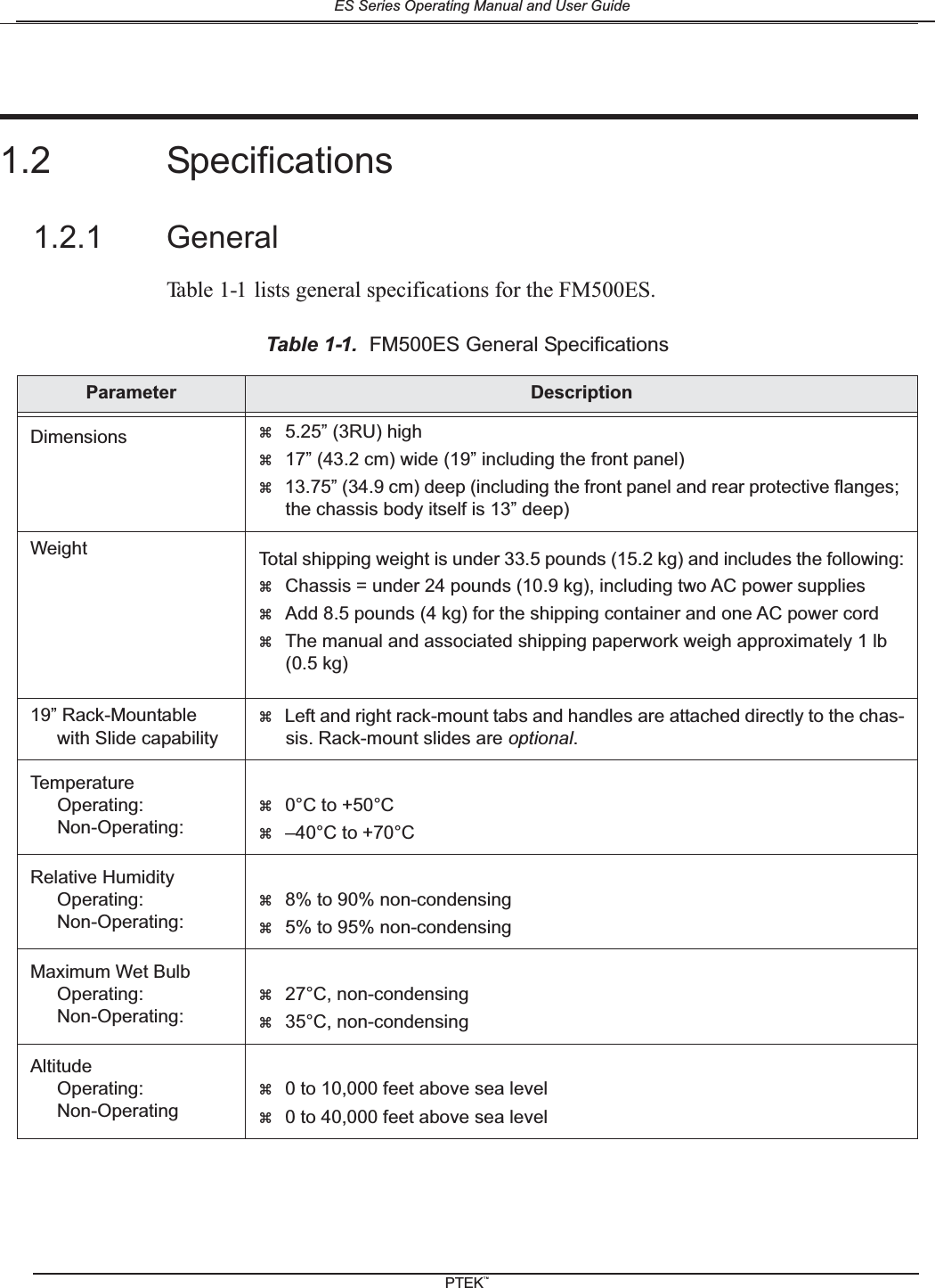 1.2 Specifications1.2.1 GeneralTable 1-1 lists general specifications for the FM500ES.Table 1-1. FM500ES General SpecificationsParameter DescriptionDimensions z5.25&rdquo; (3RU) highz17&rdquo; (43.2 cm) wide (19&rdquo; including the front panel)z13.75&rdquo; (34.9 cm) deep (including the front panel and rear protective flanges;the chassis body itself is 13&rdquo; deep)Weight Total shipping weight is under 33.5 pounds (15.2 kg) and includes the following:zChassis = under 24 pounds (10.9 kg), including two AC power supplieszAdd 8.5 pounds (4 kg) for the shipping container and one AC power cordzThe manual and associated shipping paperwork weigh approximately 1 lb(0.5 kg)19&rdquo; Rack-Mountablewith Slide capabilityzLeft and right rack-mount tabs and handles are attached directly to the chas-sis. Rack-mount slides are optional.TemperatureOperating:Non-Operating:z0&deg;C to +50&deg;Cz&ndash;40&deg;C to +70&deg;CRelative HumidityOperating:Non-Operating:z8% to 90% non-condensingz5% to 95% non-condensingMaximum Wet BulbOperating:Non-Operating:z27&deg;C, non-condensingz35&deg;C, non-condensingAltitudeOperating:Non-Operatingz0 to 10,000 feet above sea levelz0 to 40,000 feet above sea levelES Series Operating Manual and User GuidePTEKTM