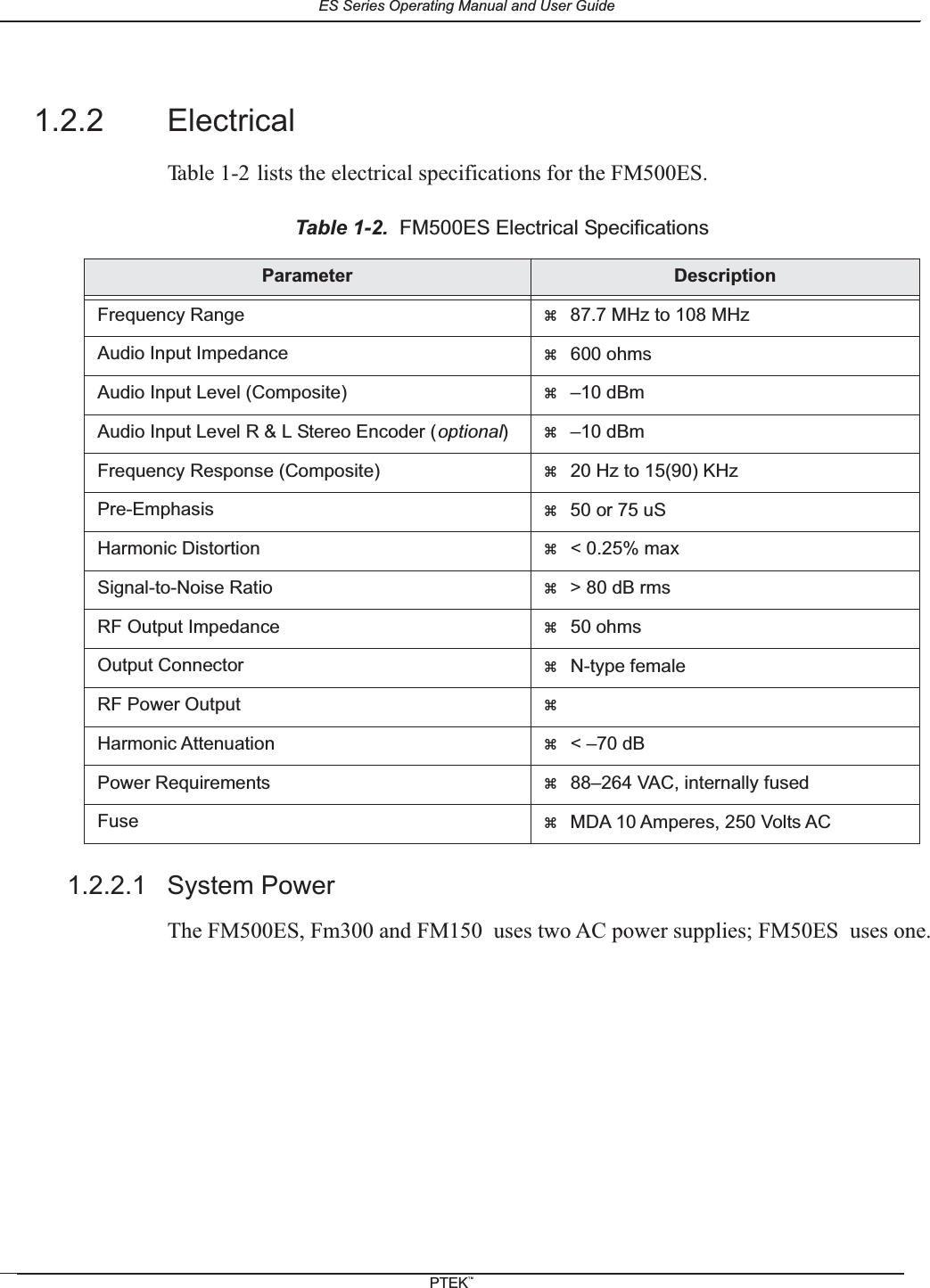 1.2.2 ElectricalTable 1-2 lists the electrical specifications for the FM500ES.1.2.2.1 System PowerThe FM500ES, Fm300 and FM150  uses two AC power supplies; FM50ES  uses one.Table 1-2. FM500ES Electrical SpecificationsParameter DescriptionFrequency Range z87.7 MHz to 108 MHzAudio Input Impedance z600 ohmsAudio Input Level (Composite) z&ndash;10 dBmAudio Input Level R &amp; L Stereo Encoder (optional)z&ndash;10 dBmFrequency Response (Composite) z20 Hz to 15(90) KHzPre-Emphasis z50 or 75 uSHarmonic Distortion z<0.25%maxSignal-to-Noise Ratio z> 80 dB rmsRF Output Impedance z50 ohmsOutput Connector zN-type femaleRF Power Output zHarmonic Attenuation z< &ndash;70 dBPower Requirements z88&ndash;264 VAC, internally fusedFuse zMDA 10 Amperes, 250 Volts ACES Series Operating Manual and User GuidePTEKTM