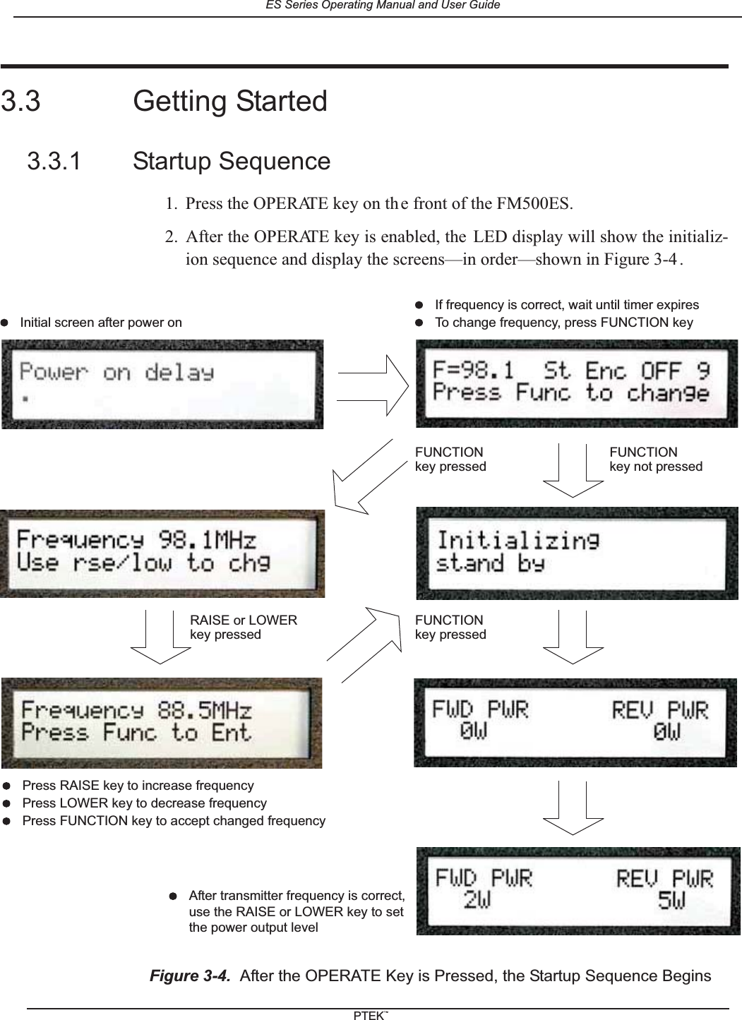 3.3 Getting Started3.3.1 Startup Sequence1. Press the OPERATE key on th e front of the FM500ES.2. After the OPERATE key is enabled, the LED display will show the initializ-ion sequence and display the screens&mdash;in order&mdash;shown in Figure 3-4.Figure 3-4. After the OPERATE Key is Pressed, the Startup Sequence Beginskey not pressedFUNCTIONkey pressedFUNCTIONkey pressedRAISEorLOWERInitial screen after power on To change frequency, press FUNCTION keyIf frequency is correct, wait until timer expiresPress LOWER key to decrease frequencyPress RAISE key to increase frequencykey pressedFUNCTIONPress FUNCTION key to accept changed frequencyAfter transmitter frequency is correct,use the RAISE or LOWER key to setthe power output levelES Series Operating Manual and User GuidePTEKTM