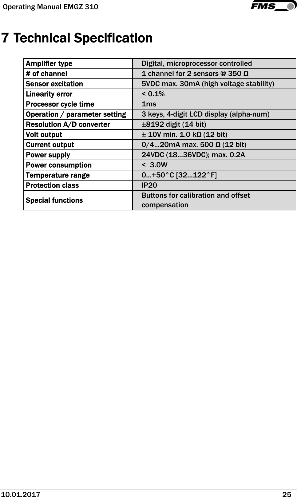  Operating Manual EMGZ 310   10.01.2017   25  7 Technical Specification  Amplifier type  Digital, microprocessor controlled # of channel  1 channel for 2 sensors @ 350 Ω Sensor excitation  5VDC max. 30mA (high voltage stability) Linearity error  &lt; 0.1% Processor cycle time  1ms Operation / parameter setting  3 keys, 4-digit LCD display (alpha-num) Resolution A/D converter  ±8192 digit (14 bit) Volt output  ± 10V min. 1.0 kΩ (12 bit) Current output  0/4...20mA max. 500 Ω (12 bit) Power supply  24VDC (18...36VDC); max. 0.2A Power consumption  &lt;  3.0W Temperature range  0...+50°C [32...122°F] Protection class  IP20 Special functions  Buttons for calibration and offset compensation   