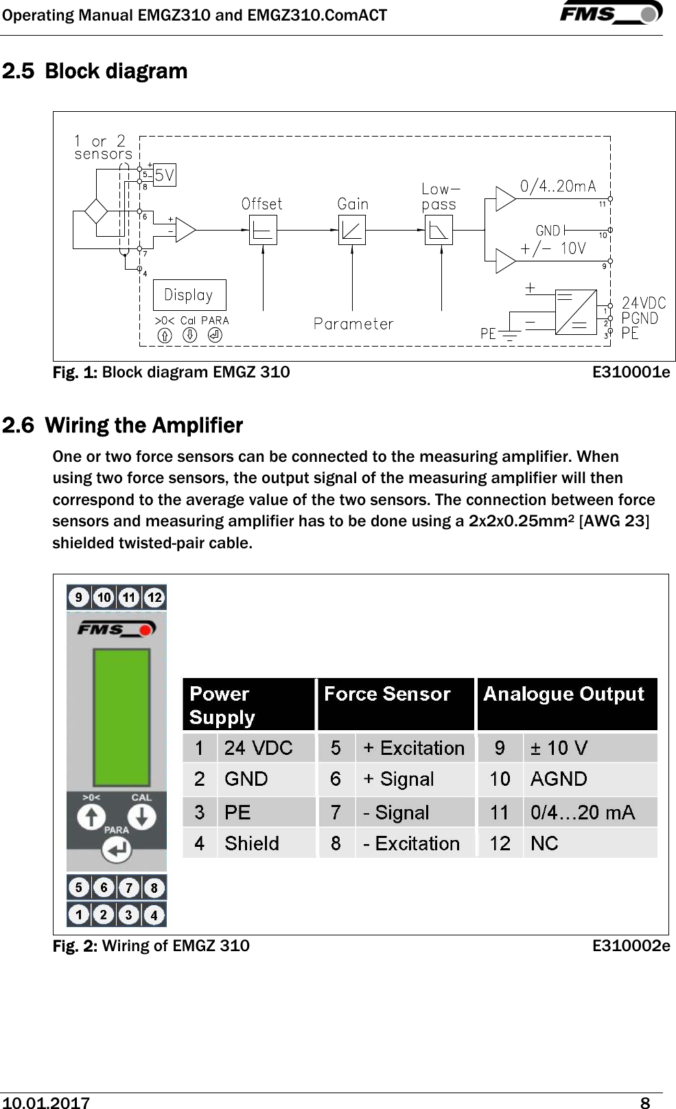 Operating Manual EMGZ310 and EMGZ310.ComACT   10.01.2017   8  2.5 Block diagram   Fig. 1: Block diagram EMGZ 310      E310001e  2.6 Wiring the Amplifier One or two force sensors can be connected to the measuring amplifier. When using two force sensors, the output signal of the measuring amplifier will then correspond to the average value of the two sensors. The connection between force sensors and measuring amplifier has to be done using a 2x2x0.25mm2 [AWG 23] shielded twisted-pair cable.   Fig. 2: Wiring of EMGZ 310      E310002e 