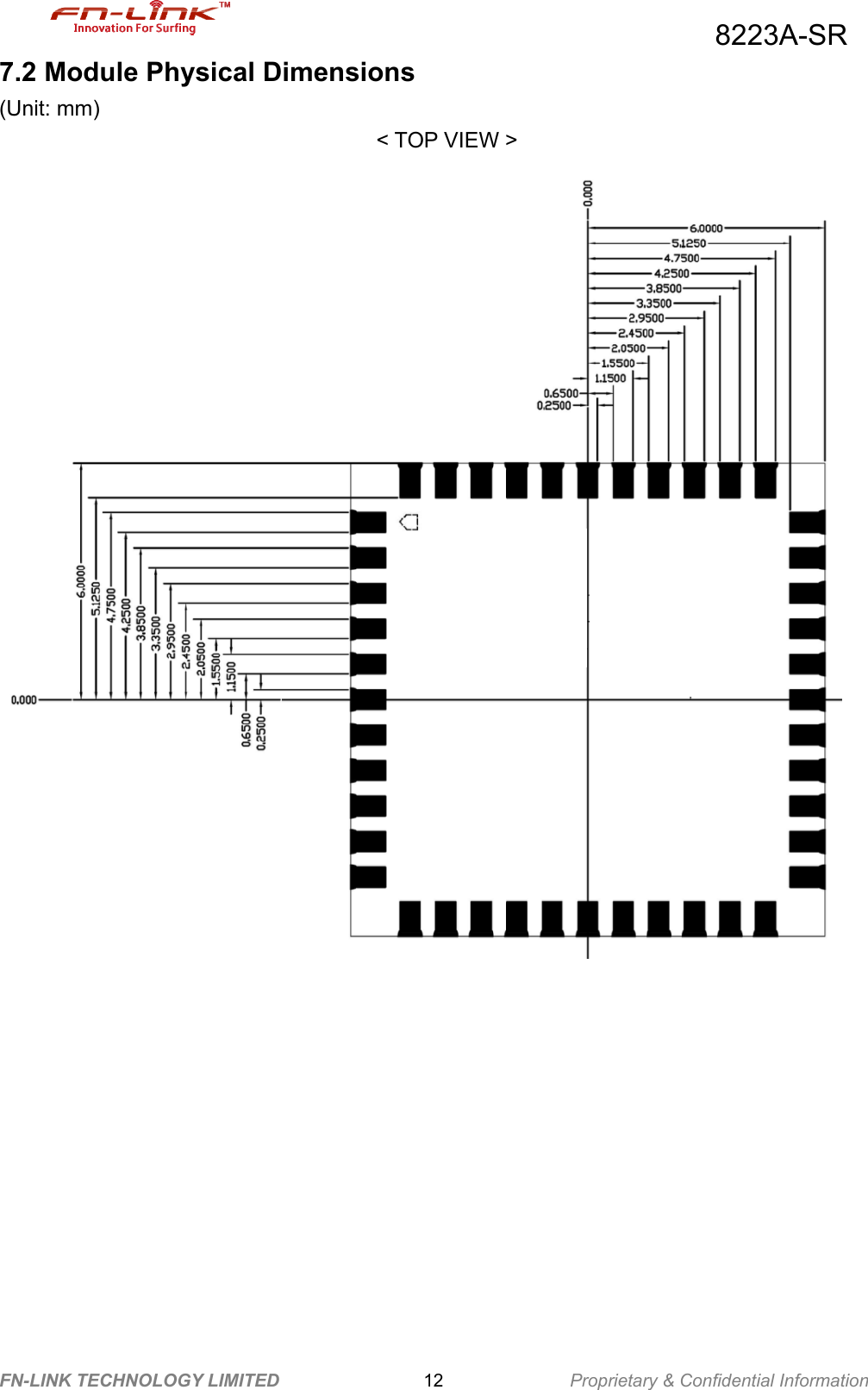                                          8223A-SR FN-LINK TECHNOLOGY LIMITED                12              Proprietary &amp; Confidential Information 7.2 Module Physical Dimensions (Unit: mm)                           &lt; TOP VIEW &gt;                   