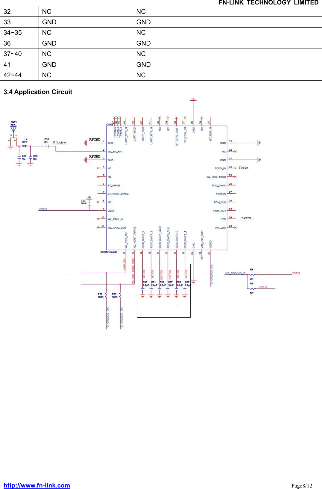 FN-LINK TECHNOLOGY LIMITEDhttp://www.fn-link.com Page8/1232 NC NC33 GND GND34~35 NC NC36 GND GND37~40 NC NC41 GND GND42~44 NC NC3.4 Application Circuit