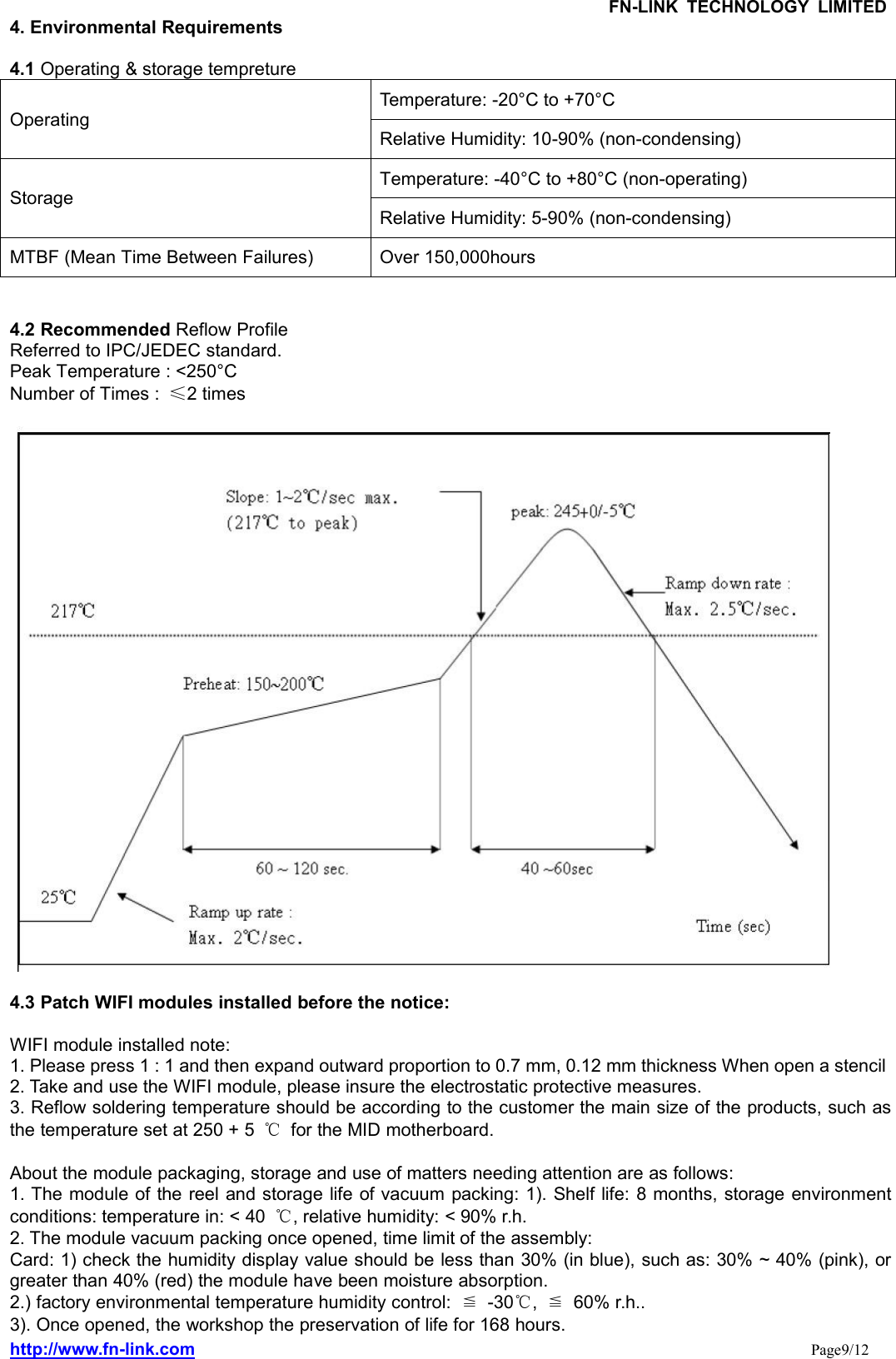 FN-LINK TECHNOLOGY LIMITEDhttp://www.fn-link.com Page9/124. Environmental Requirements4.1 Operating &amp; storage tempretureOperatingTemperature: -20°C to +70°CRelative Humidity: 10-90% (non-condensing)StorageTemperature: -40°C to +80°C (non-operating)Relative Humidity: 5-90% (non-condensing)MTBF (Mean Time Between Failures) Over 150,000hours4.2 Recommended Reflow ProfileReferred to IPC/JEDEC standard.Peak Temperature : &lt;250°CNumber of Times : ≤2 times4.3 Patch WIFI modules installed before the notice:WIFI module installed note:1. Please press 1 : 1 and then expand outward proportion to 0.7 mm, 0.12 mm thickness When open a stencil2. Take and use the WIFI module, please insure the electrostatic protective measures.3. Reflow soldering temperature should be according to the customer the main size of the products, such asthe temperature set at 250 + 5 ℃for the MID motherboard.About the module packaging, storage and use of matters needing attention are as follows:1. The module of the reel and storage life of vacuum packing: 1). Shelf life: 8 months, storage environmentconditions: temperature in: &lt; 40 ℃, relative humidity: &lt; 90% r.h.2. The module vacuum packing once opened, time limit of the assembly:Card: 1) check the humidity display value should be less than 30% (in blue), such as: 30% ~ 40% (pink), orgreater than 40% (red) the module have been moisture absorption.2.) factory environmental temperature humidity control: ≦-30℃,≦60% r.h..3). Once opened, the workshop the preservation of life for 168 hours.