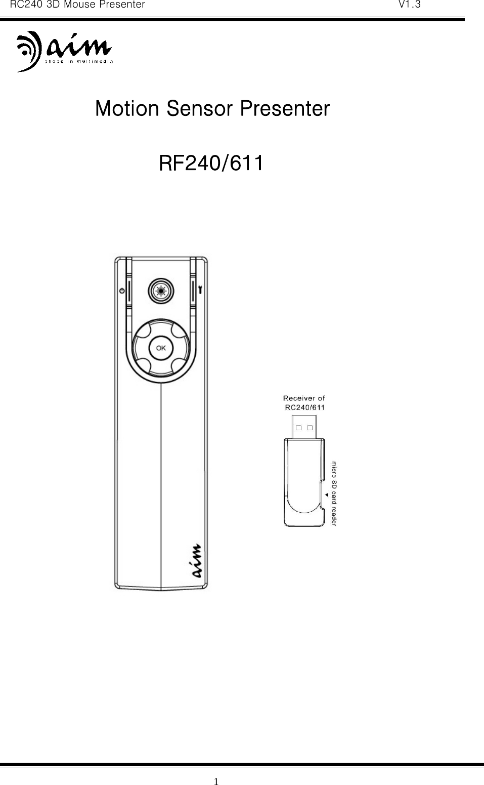 RC240 3D Mouse Presenter   V1.3  1  Motion Sensor Presenter  RF240/611                