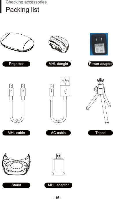 - 16 -Checking accessoriesPacking listProjector MHL dongle Power adaptorMHL cableMHL adaptorStandAC cable Tripod